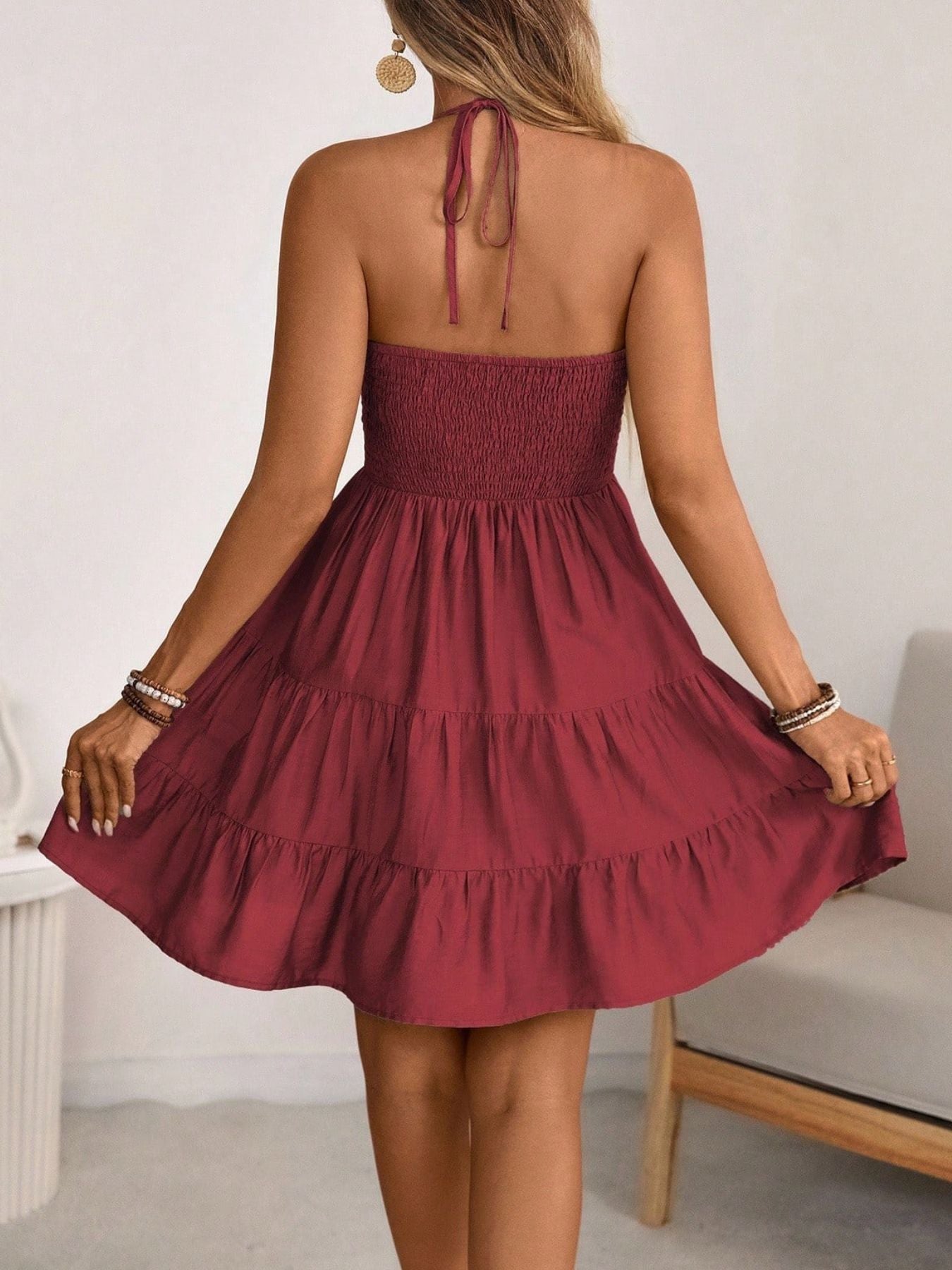 Smocked Halter Neck Tiered Dress