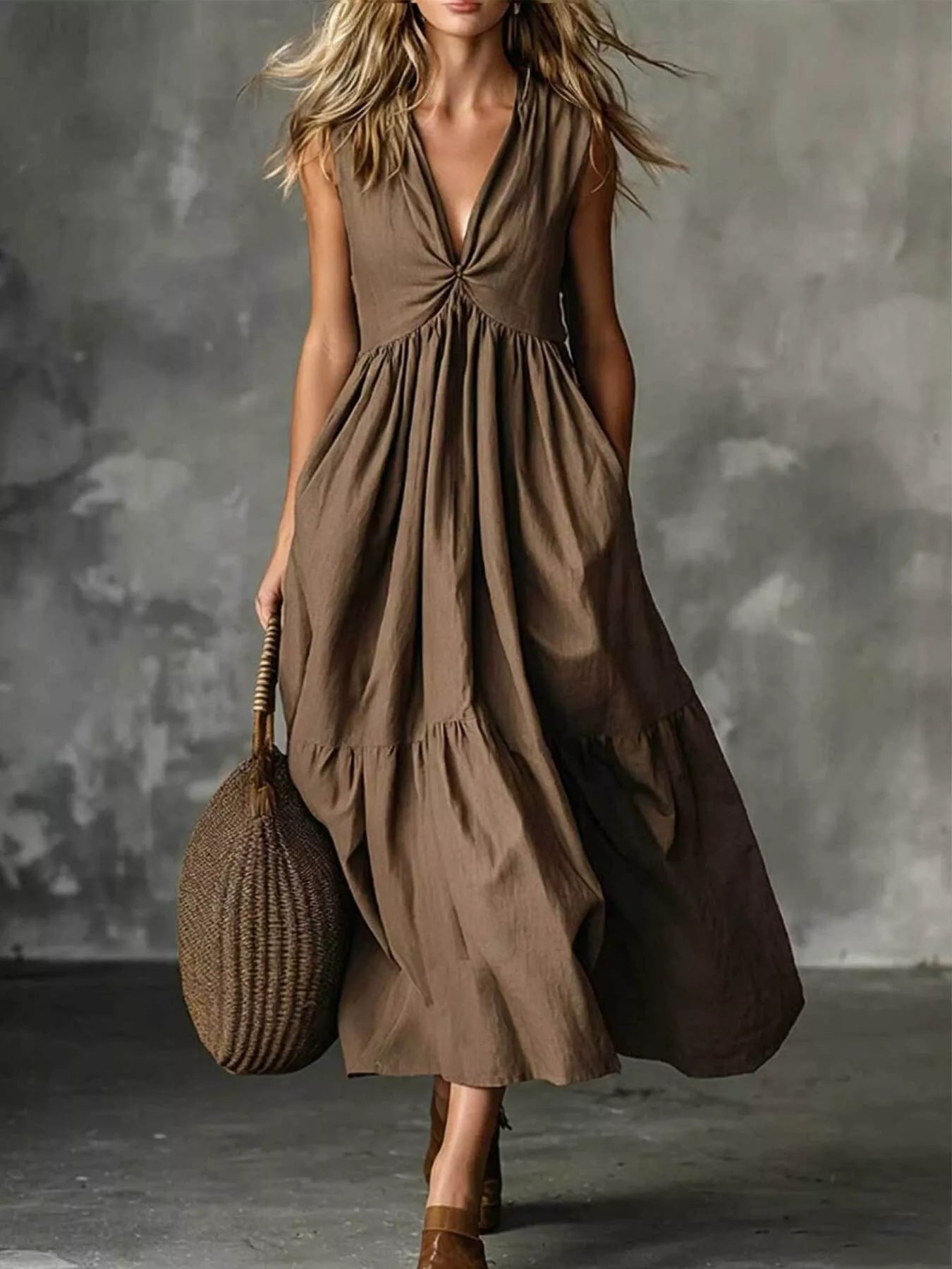 V-Neck Twisted Tiered Midi Dress