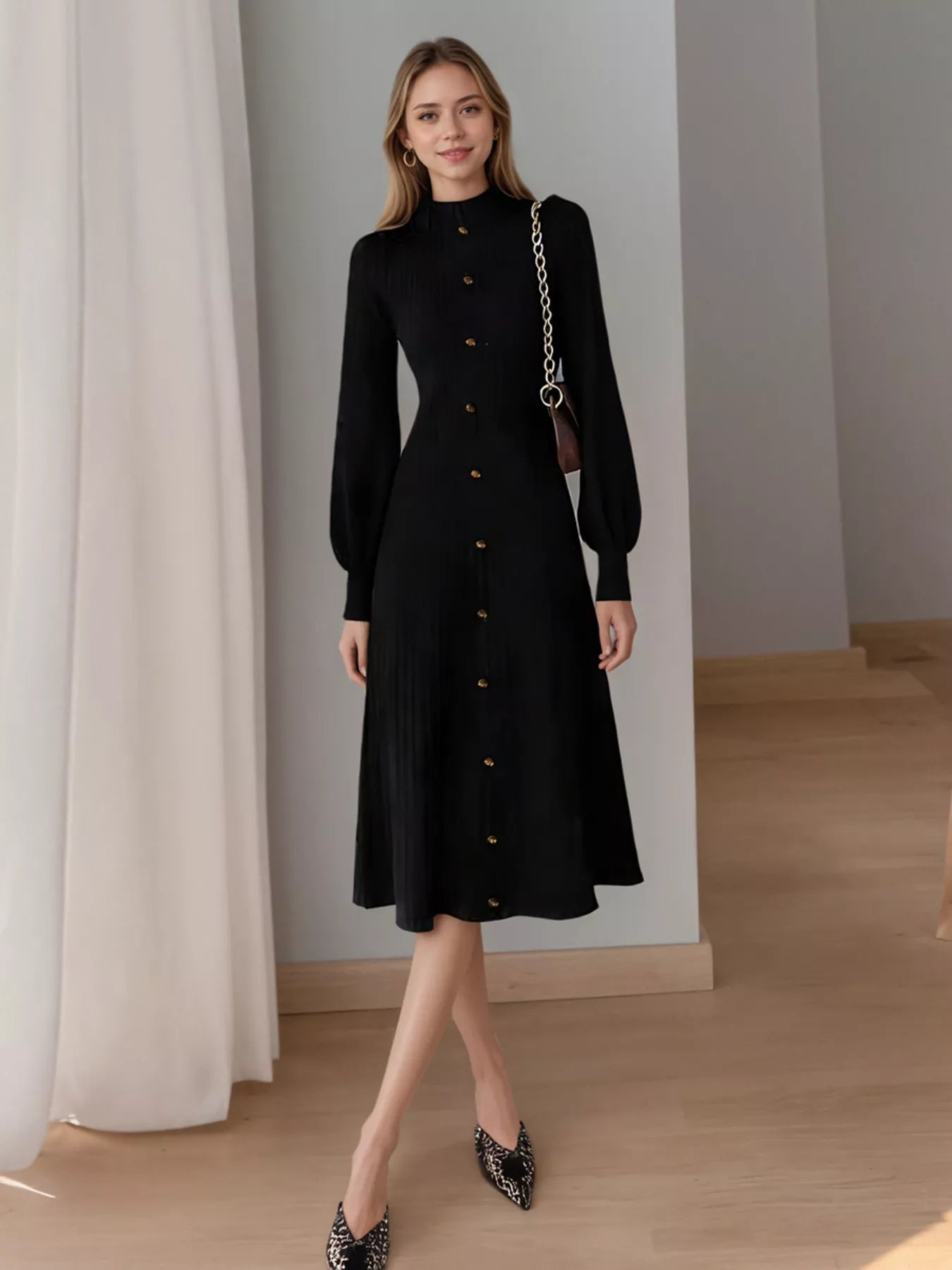 Ribbed Knit Mock Neck Midi Dress