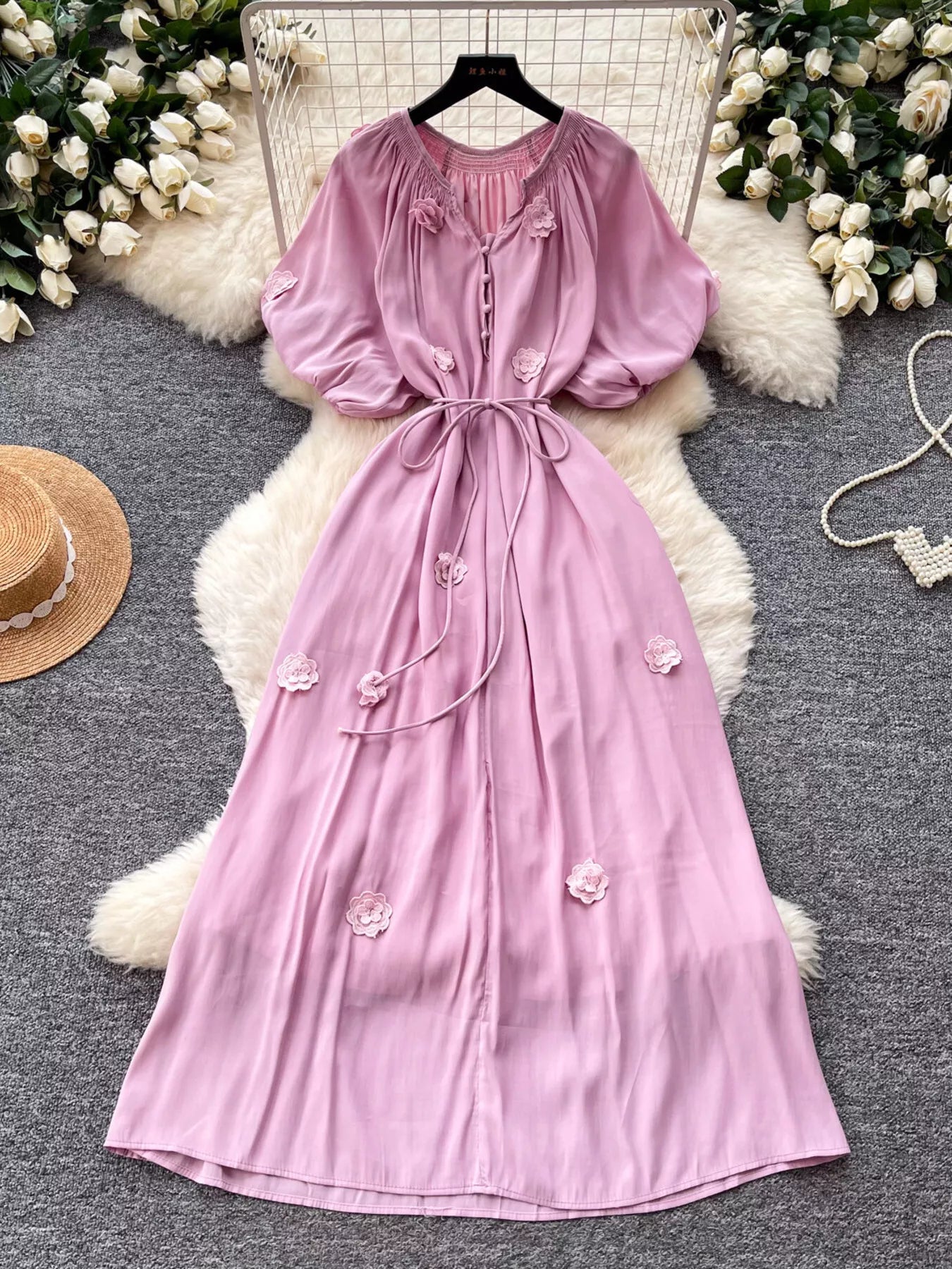 Floral Decor Tie Waist Puff Sleeve Dress