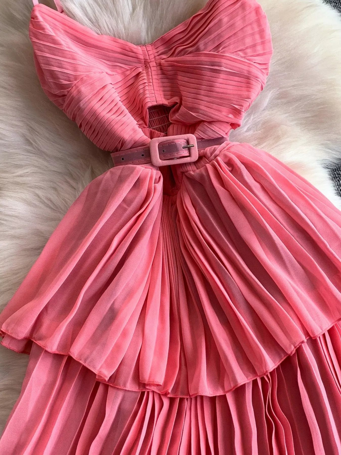 Pleated Layered Spaghetti Strap Midi Dress