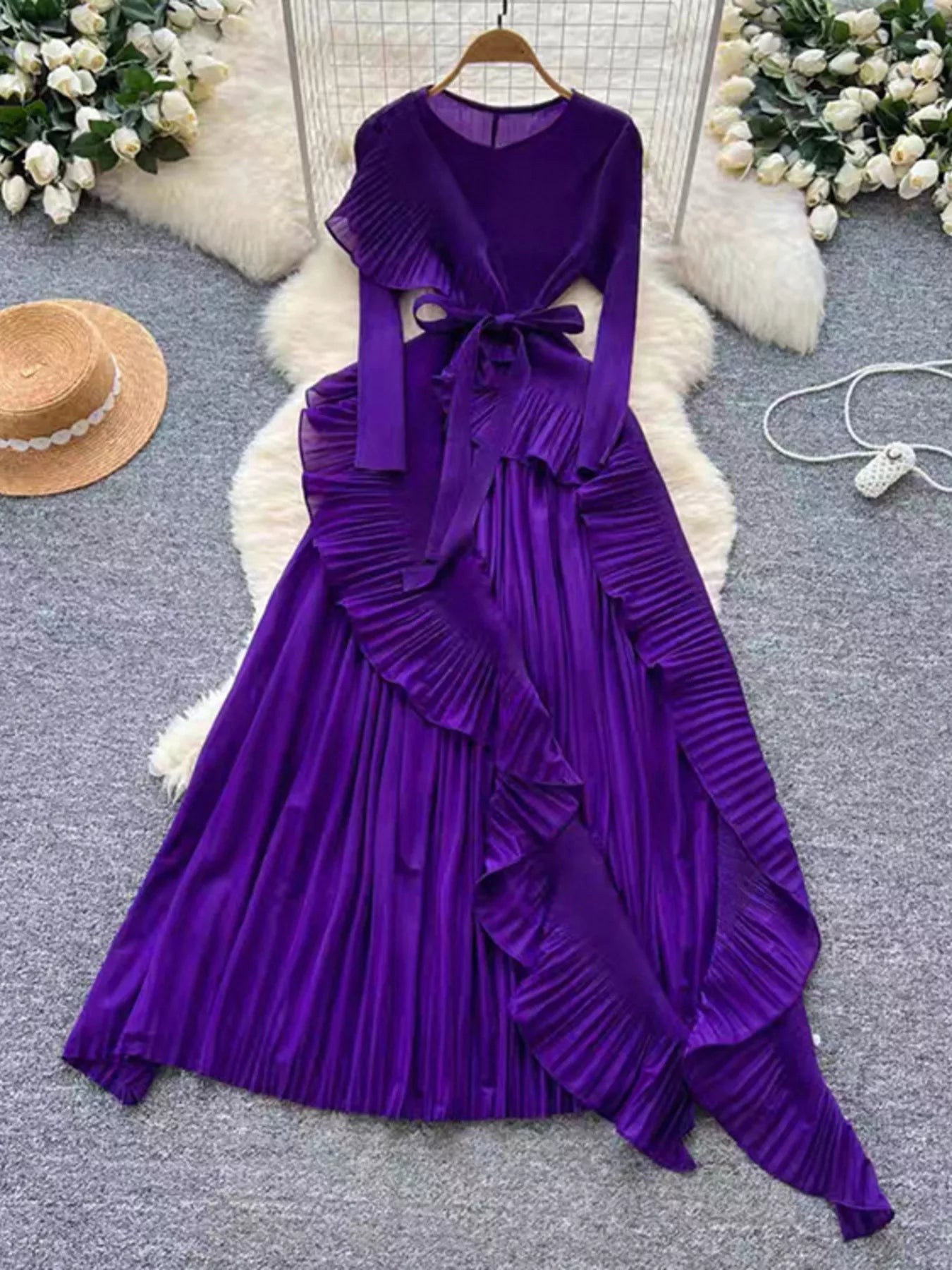 Ruffle Trim Pleated Midi Dress