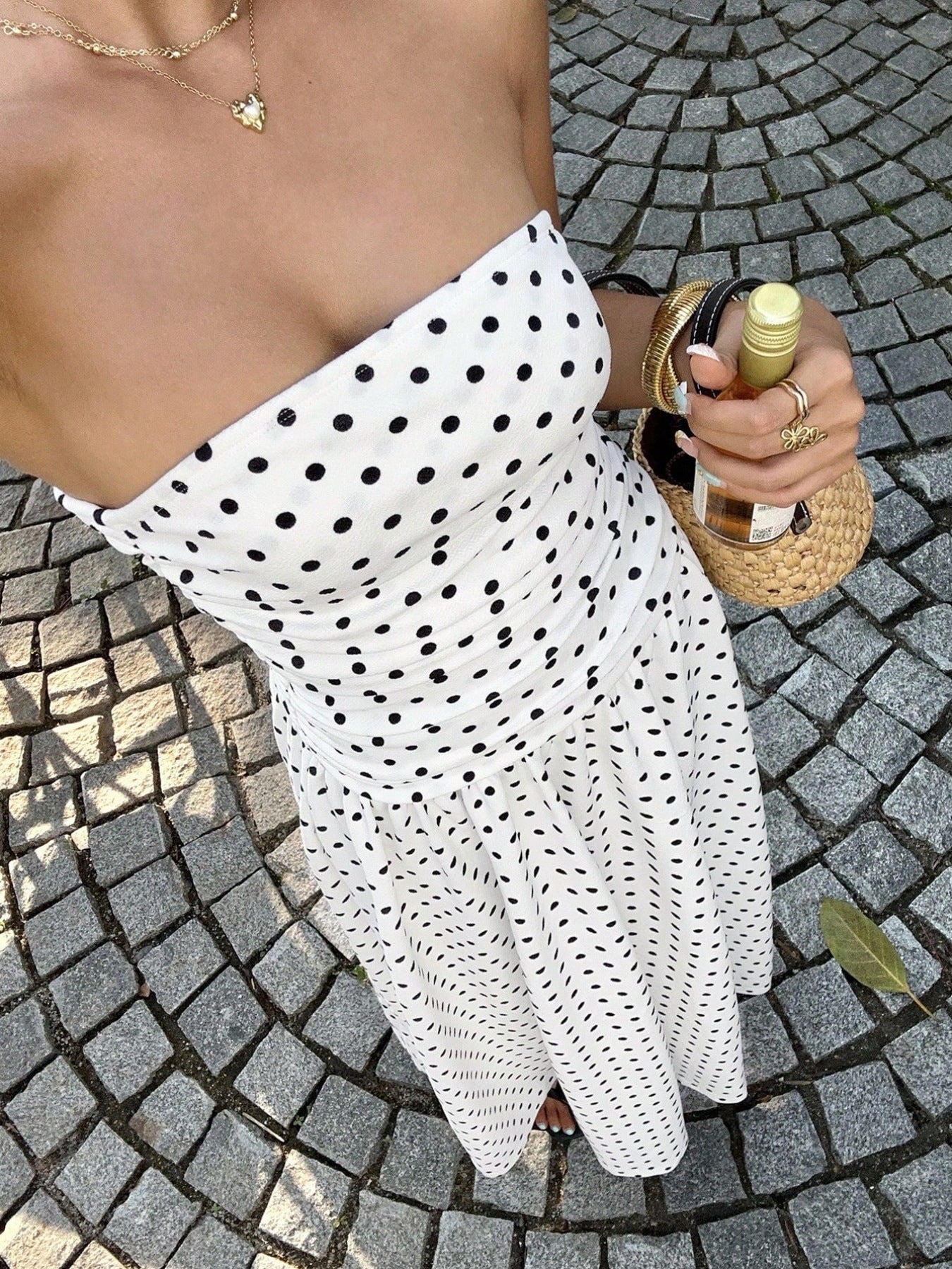 Polka Dot Ruched Strapless Maxi Dress