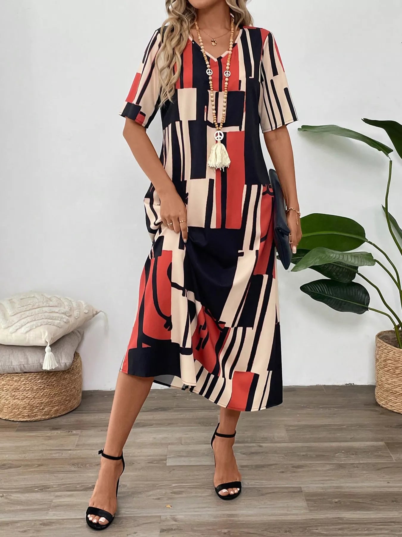 Abstract Geometric Print V-Neck Midi Dress