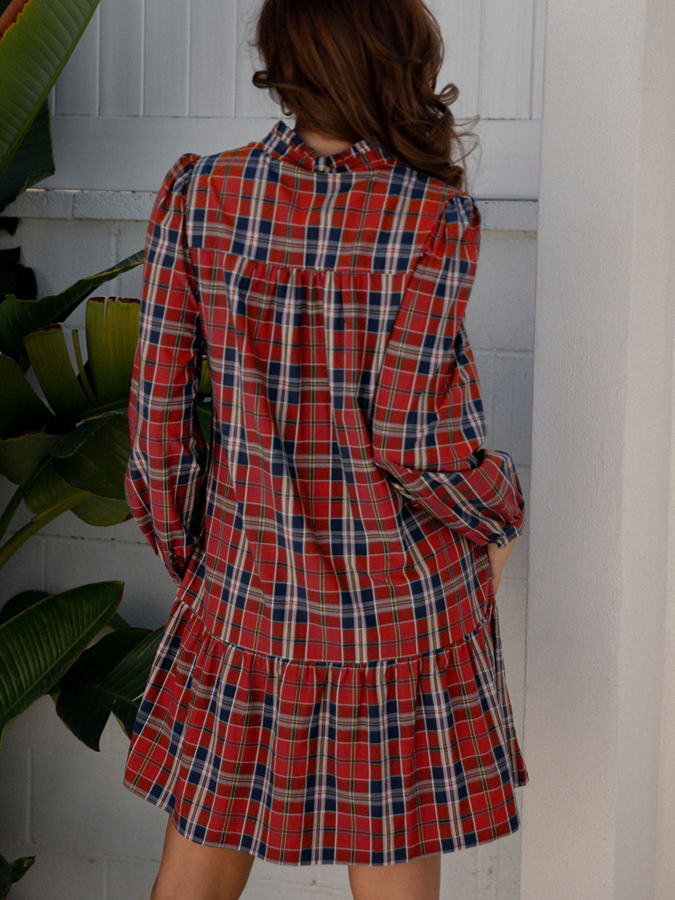 Plaid Print Frilly Collar Long Sleeve Shift Mini Dress