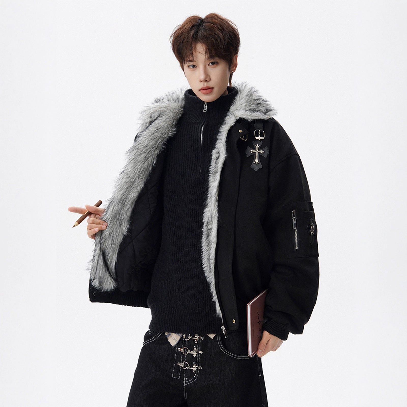 Cross Mountain Eagle Fur-Collar Cotton Coat for Men, Winter Fleece-Lined Thick Warm Cotton Jacket, High-End Style