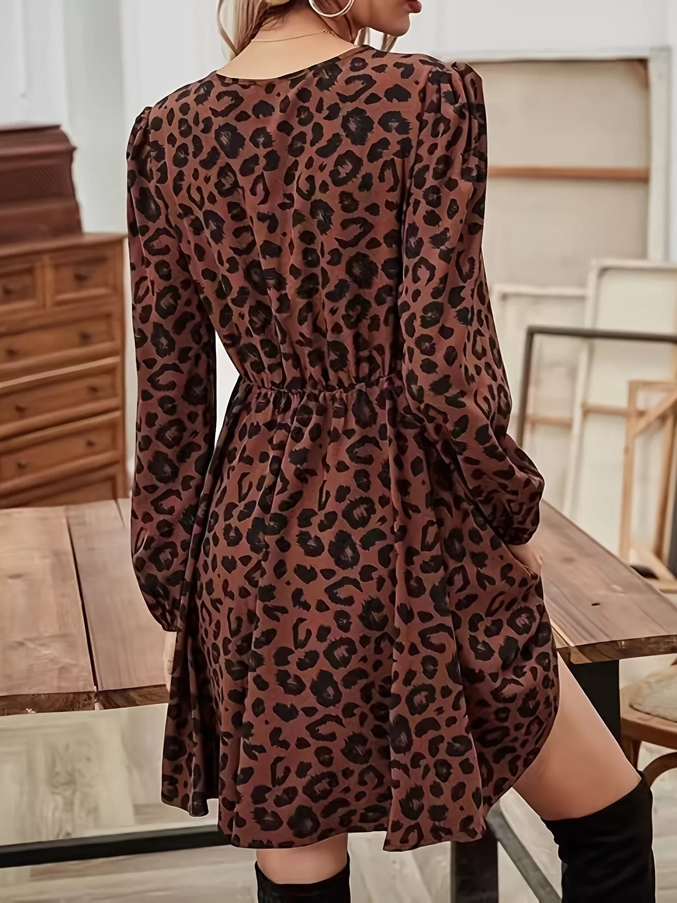 Leopard Print V-Neck Long Sleeve Mini Dress