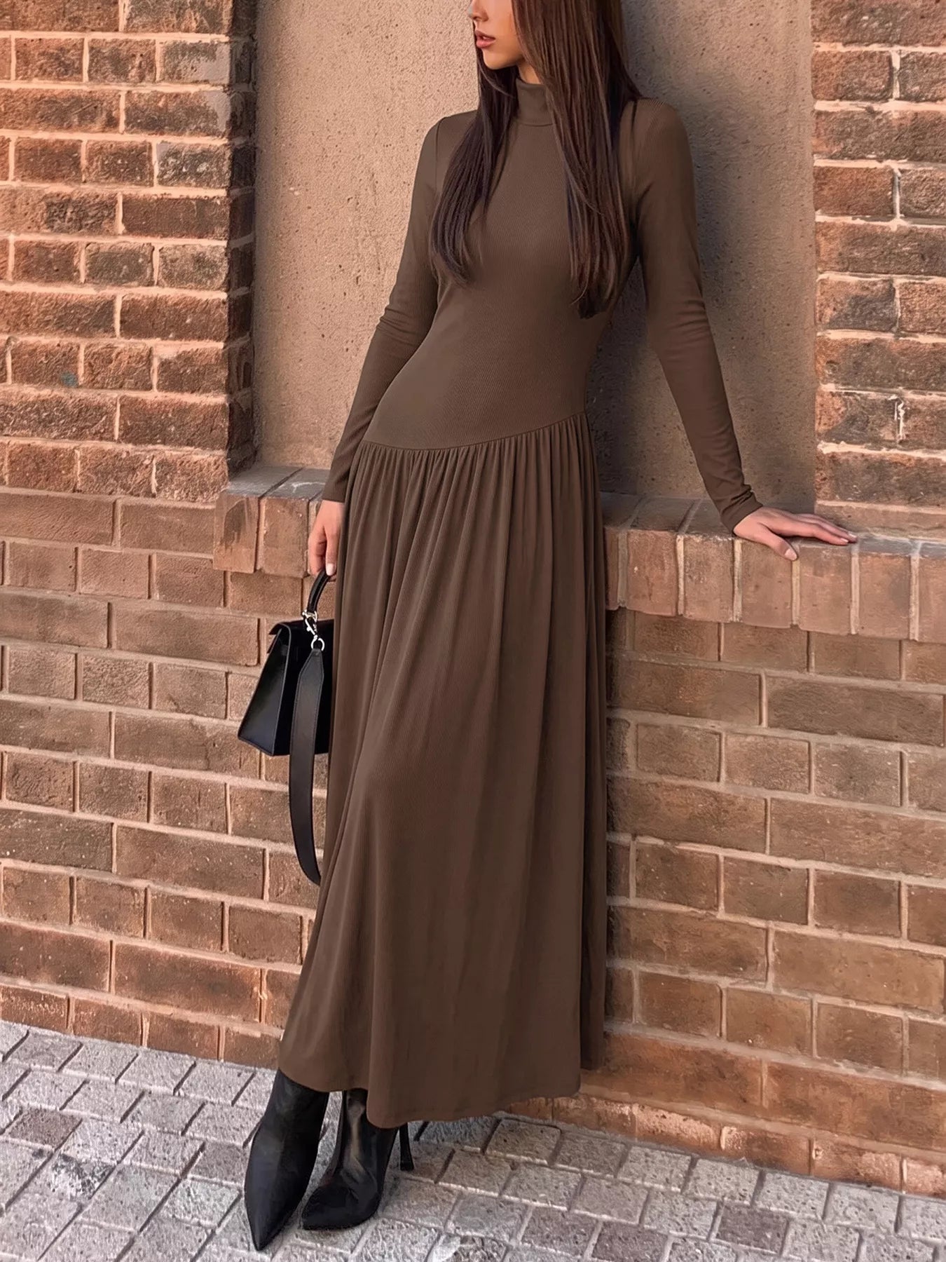 Mock Neck Long Sleeve Midi Dress
