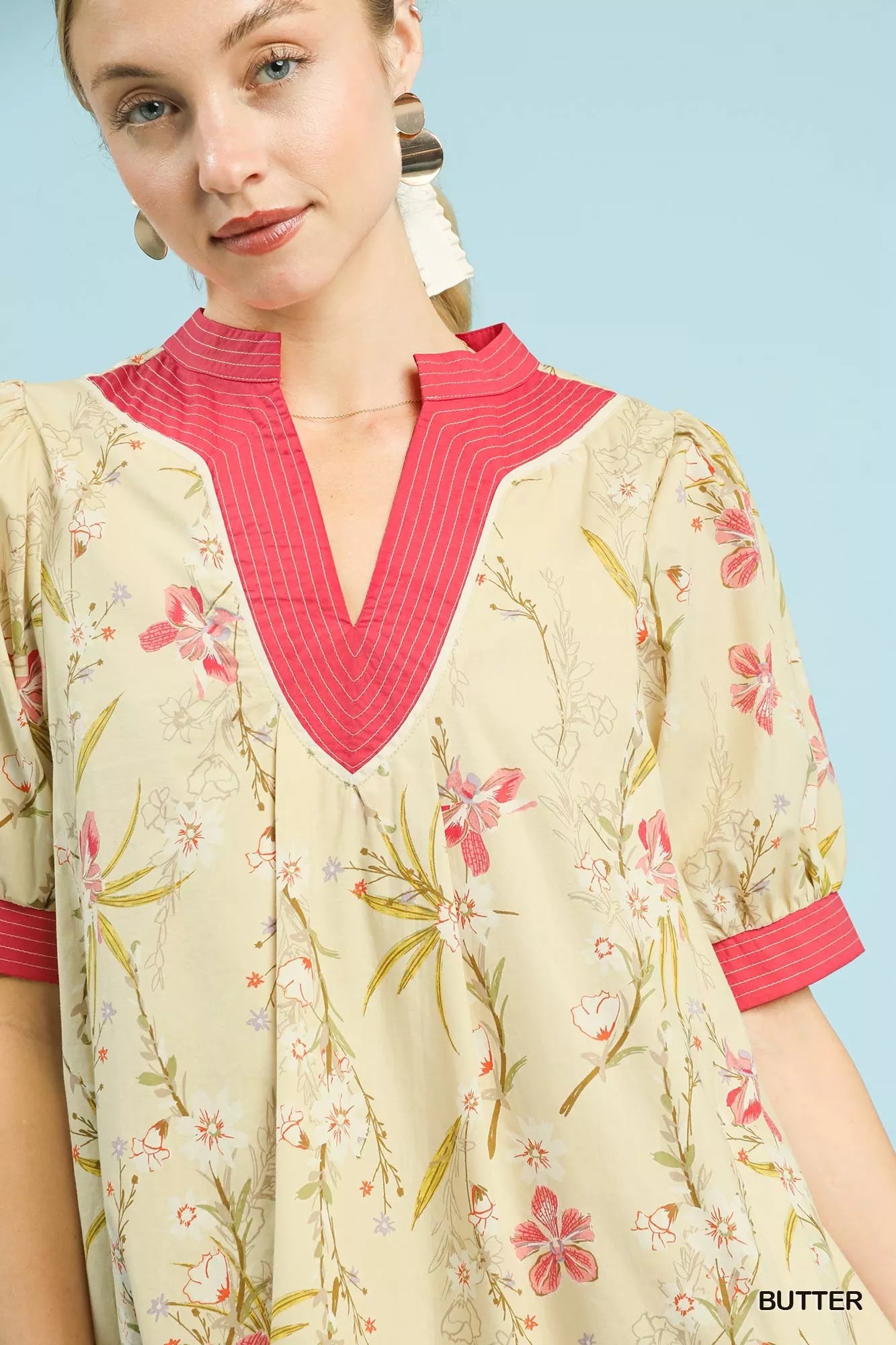 Umgee Floral Puff Sleeve Dress with Contrast Trim