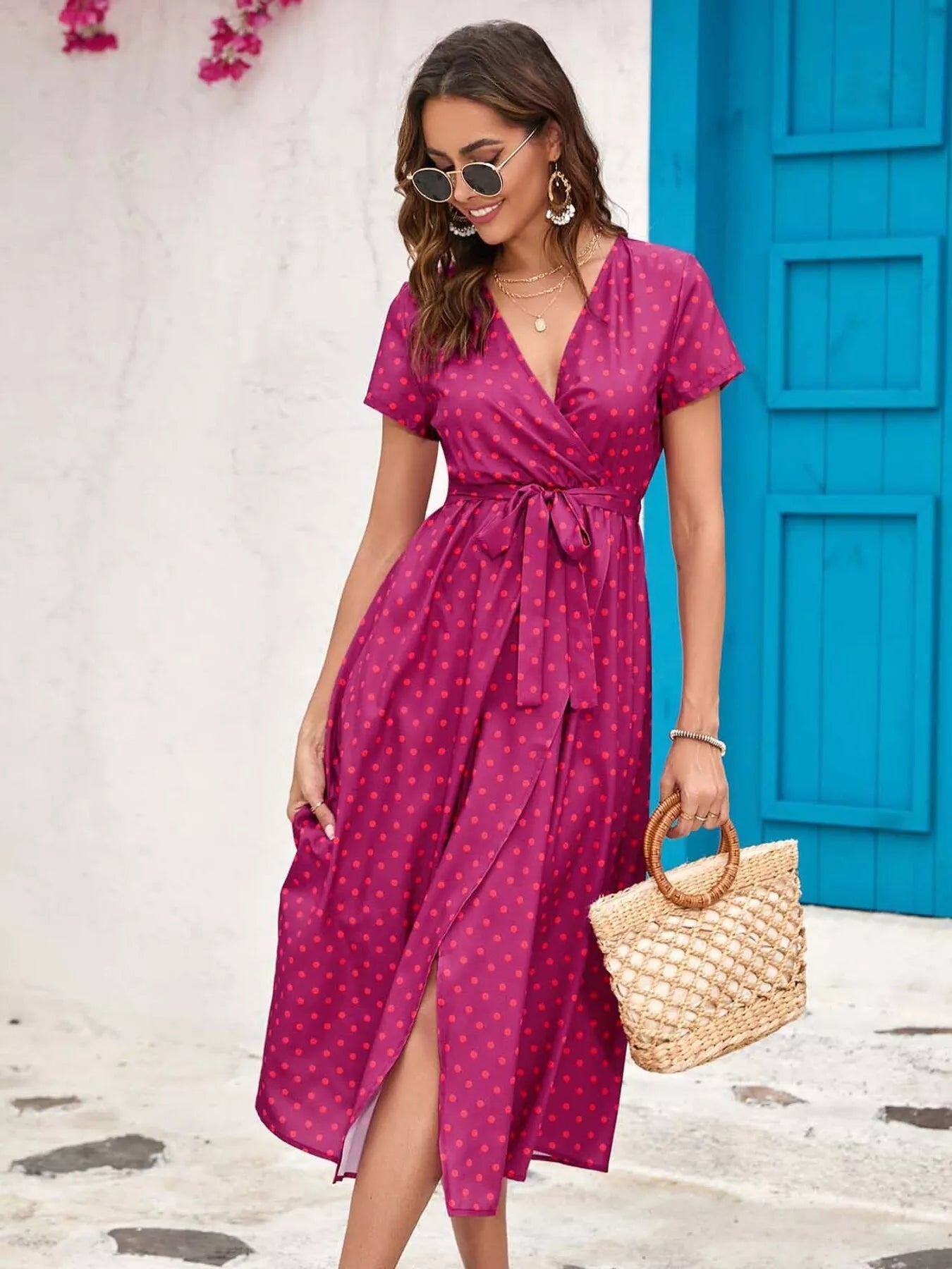 Surplice Short Sleeve Midi Dress