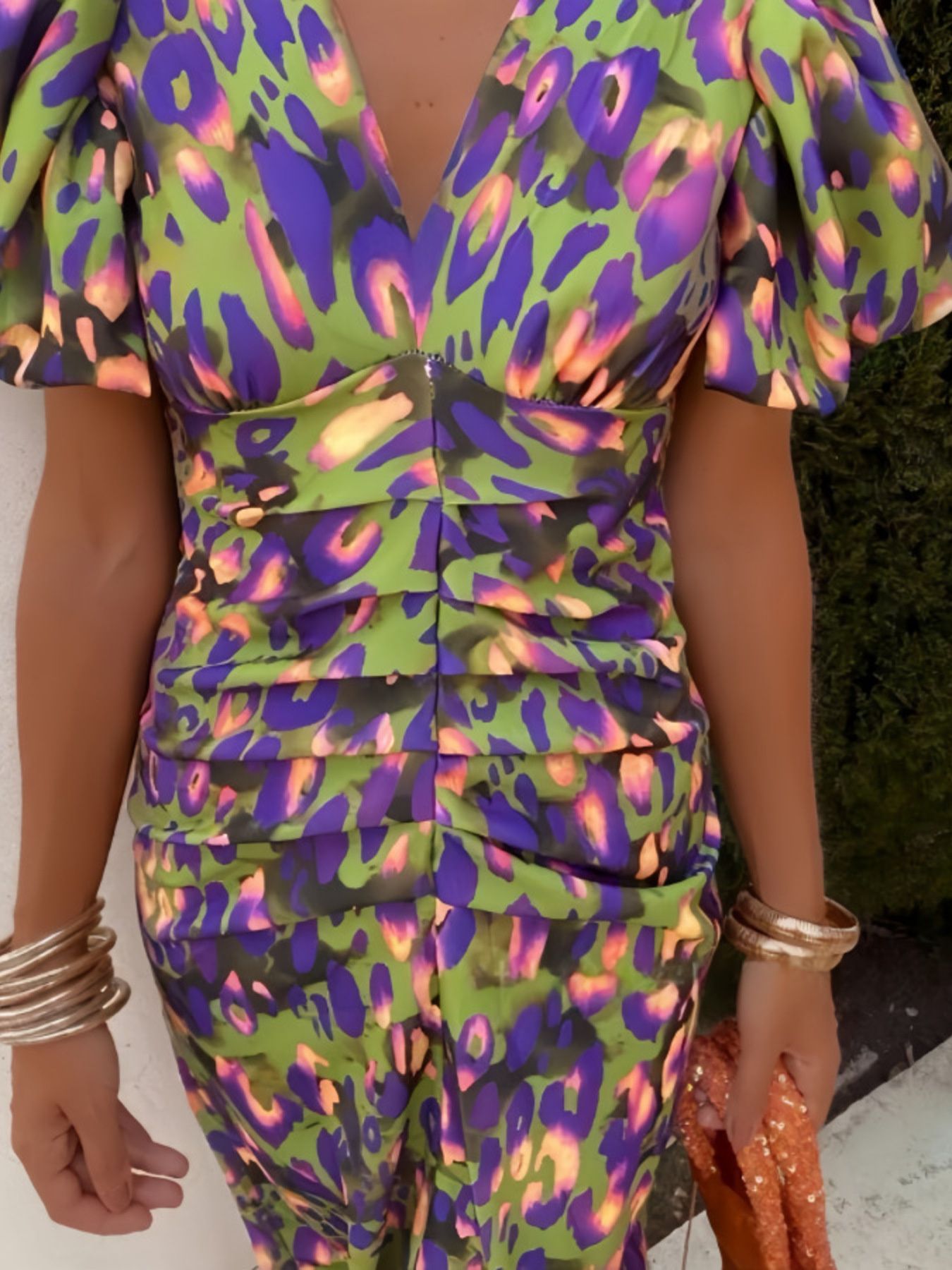 Full Size V-Neck Puff Sleeve Midi Dress Plus Size