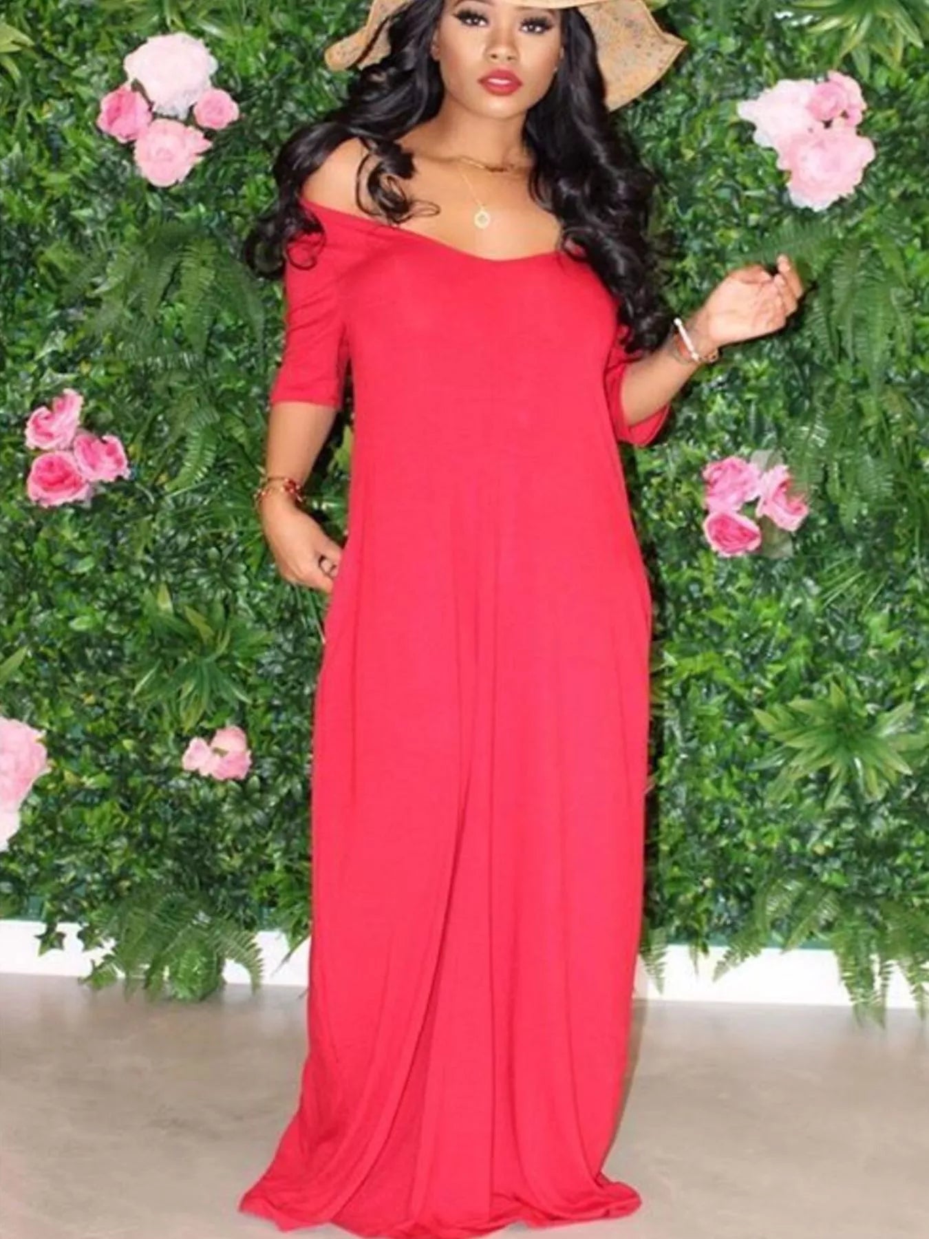 Full Size Solid Color Short Sleeve Maxi Dress Plus Size
