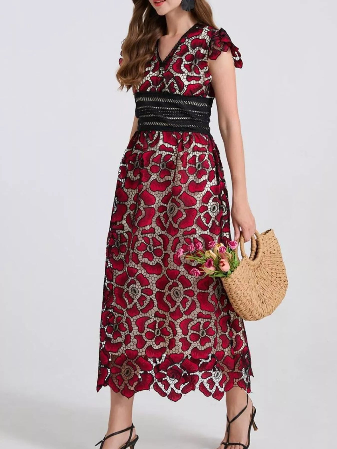 Printed V-Neck Ruffle Sleeve Midi Dress