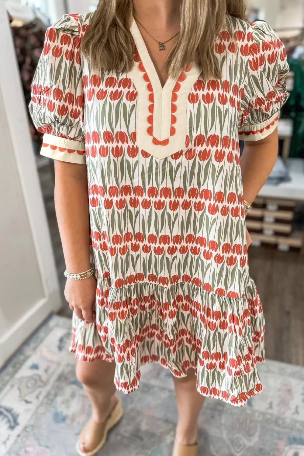 Tulip Floral Print Cotton Puff Short Sleeve Mini Dress