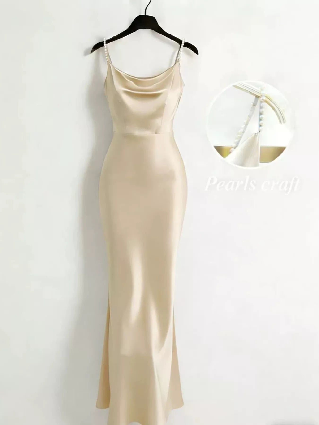 Pearl Strap Cowl Neck Satin Maxi Dress
