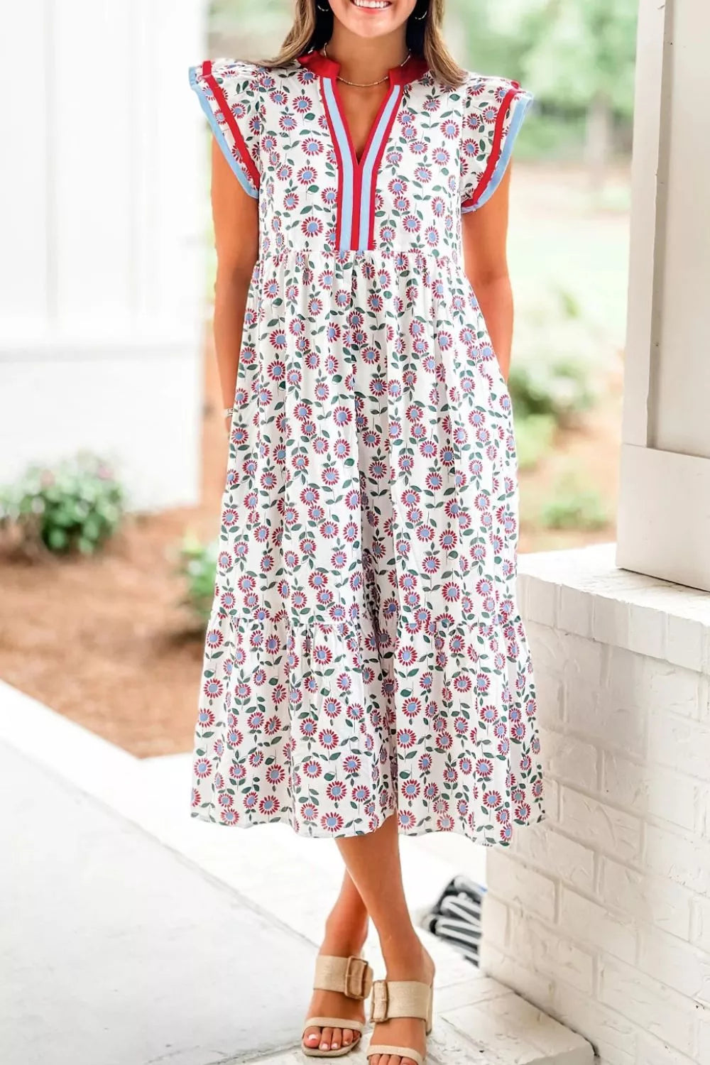 Floral Print Ruffle Sleeve Tiered Midi Dress