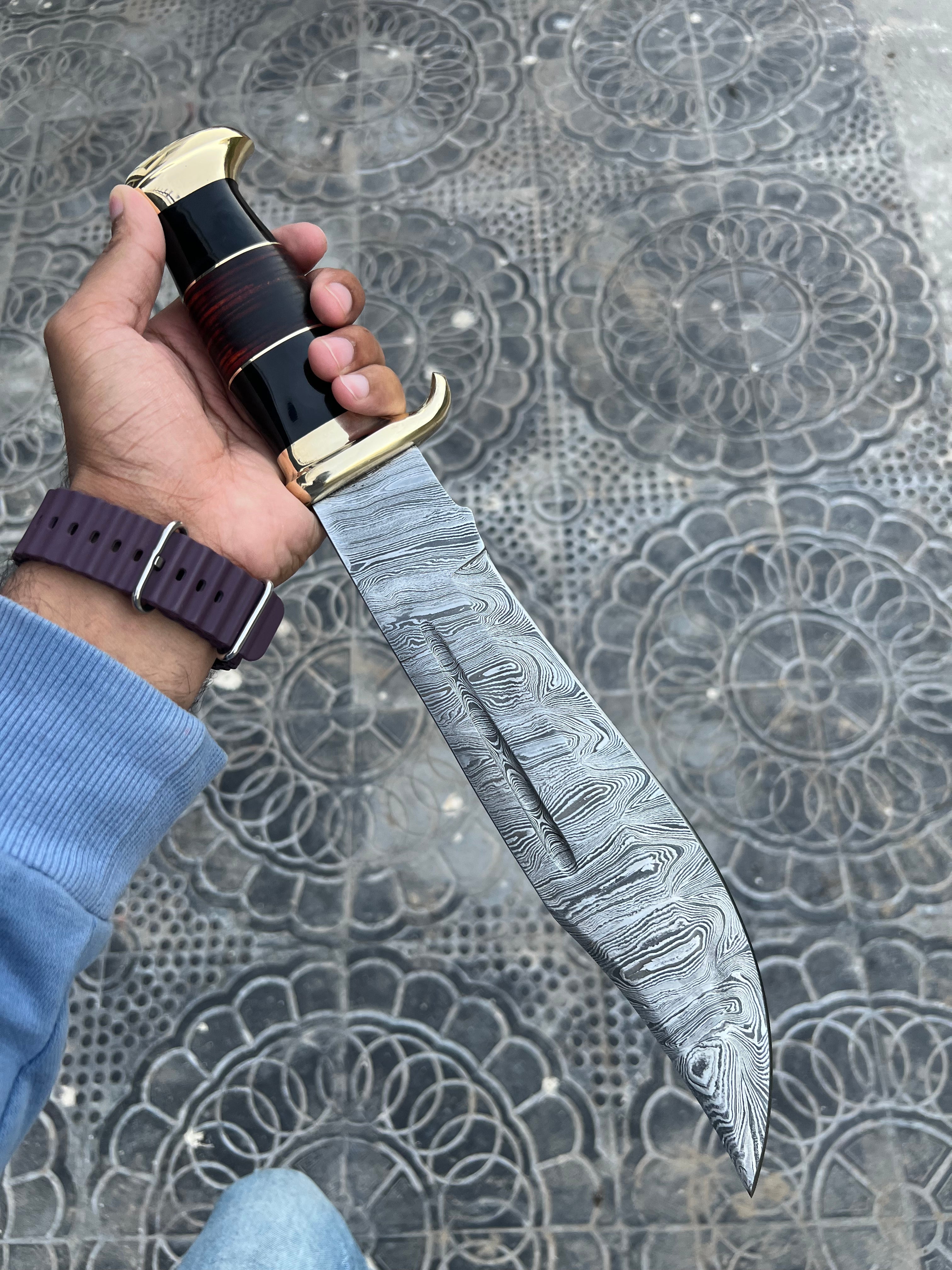 Custom Handmade Damascus Steel Heavy Duty Crocodile Dundee Hunting Bowie Knife - 16" Overall Length