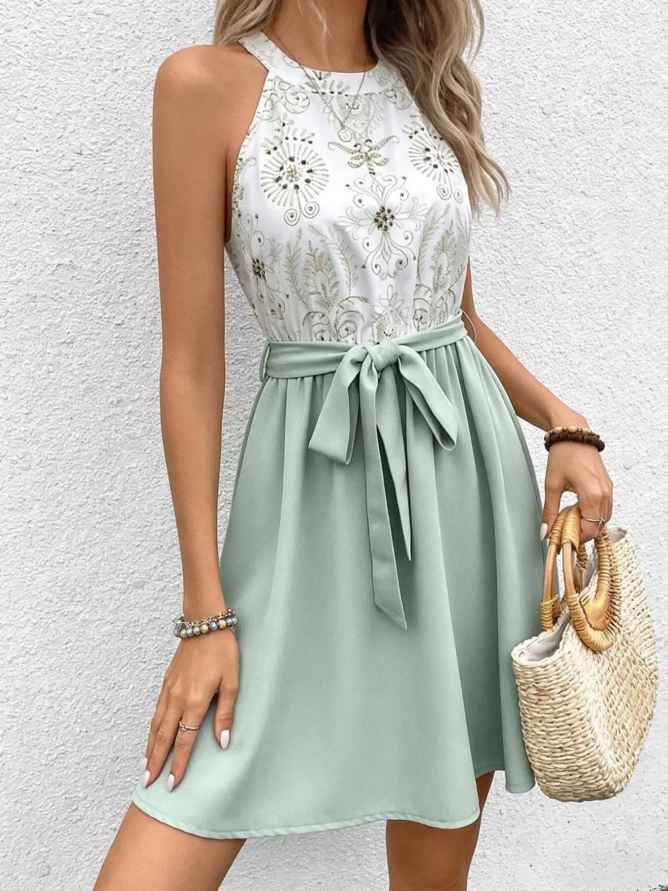 Sleeveless Tie Waist A-Line Dress