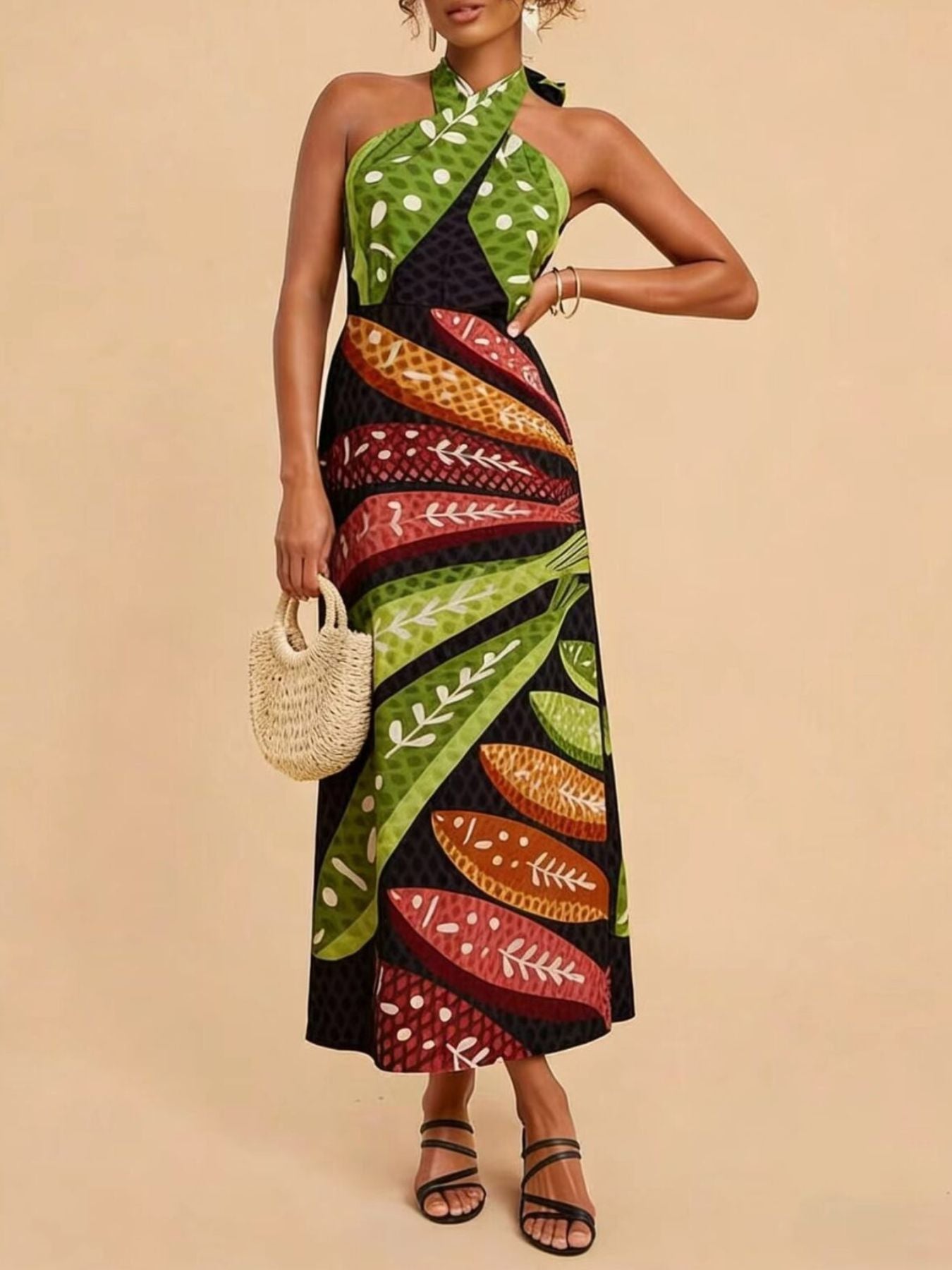 Tropical Print Halter Neck Midi Dress