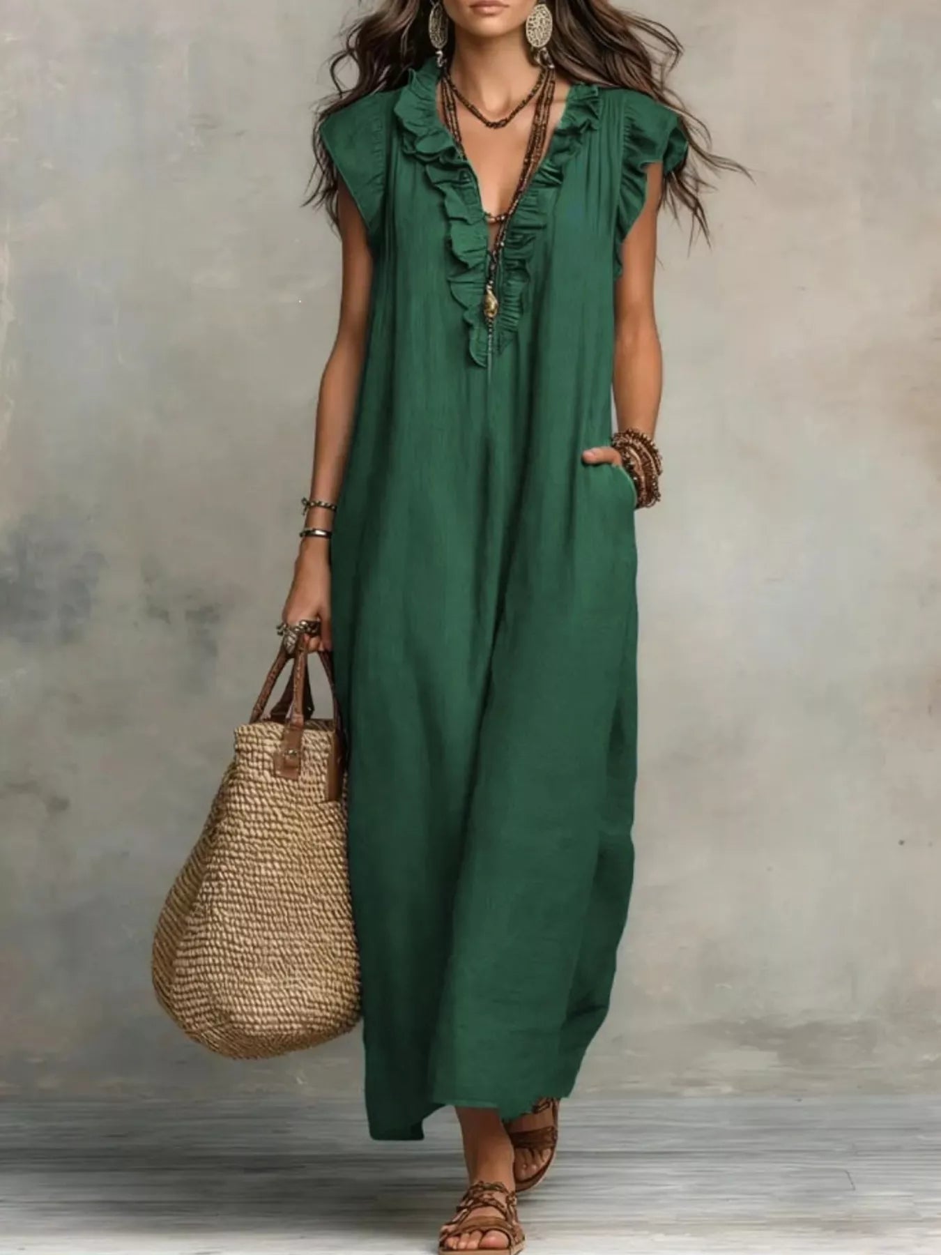Ruffled V-Neck Maxi Dress