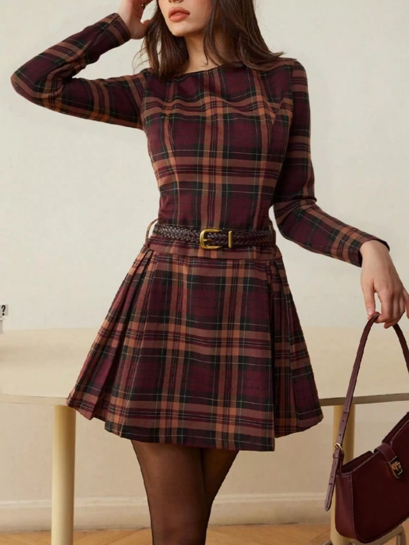 Plaid Long Sleeve Mini Dress