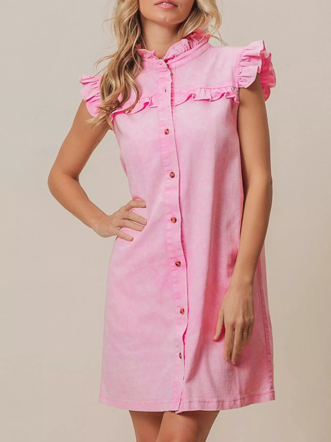 Ruffled Trim Button-Down Denim Dress