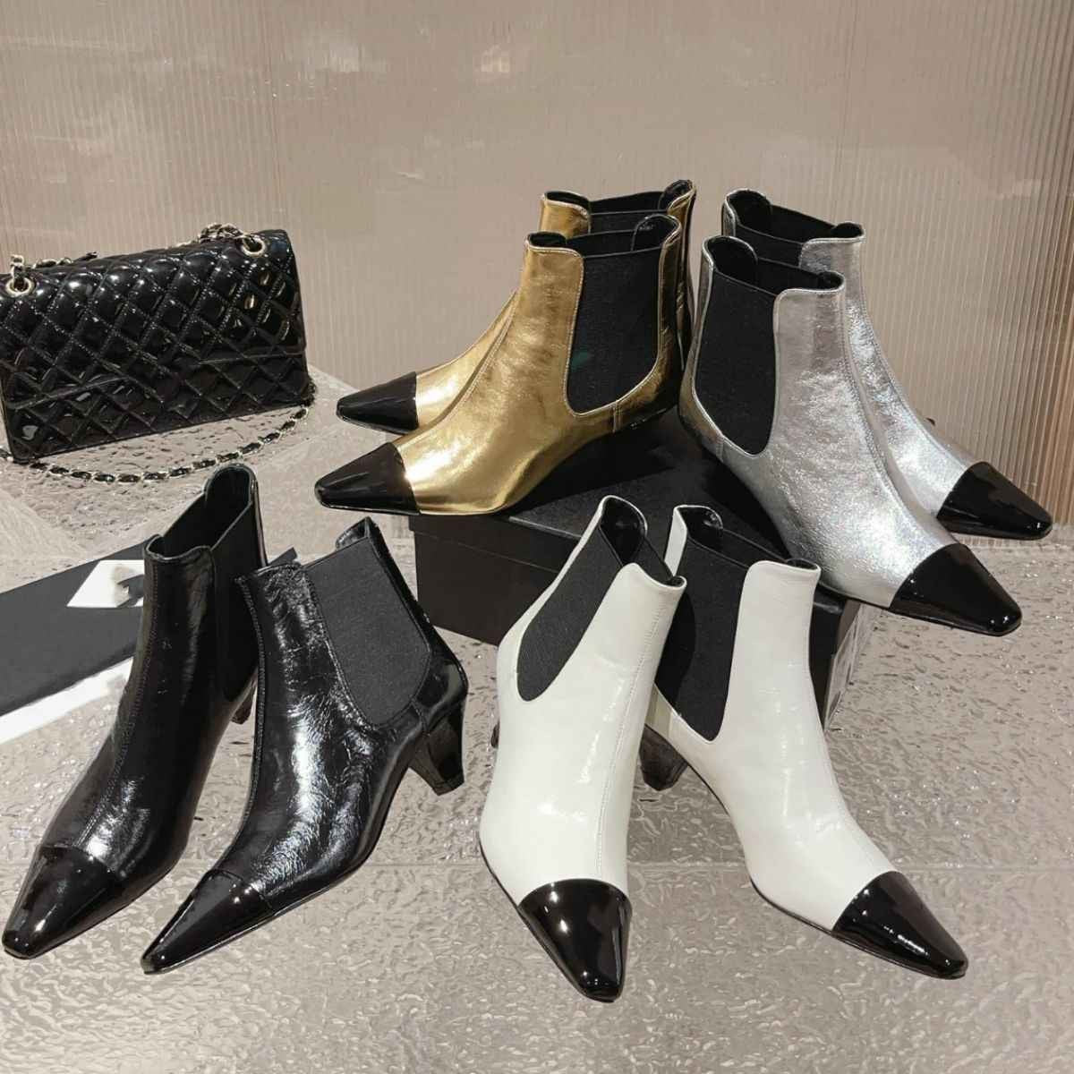 Pointy toe Chelsea Ankle Boots Women Genuine Leather Patchwork Color Wedges Heel Short Boots Sexy Luxury Fashion Week Boots fema