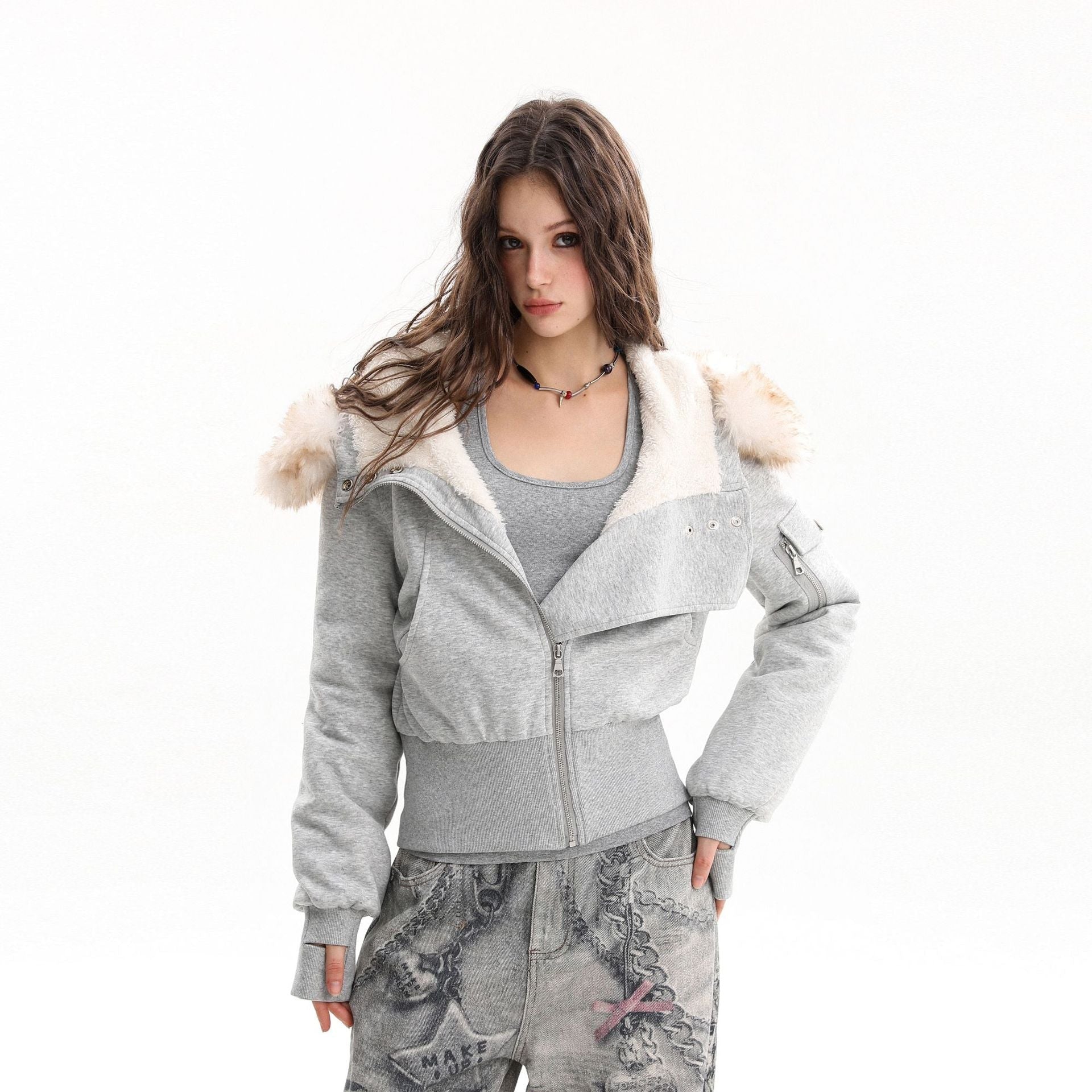 Warm fleece lined cotton jacket with fur collar and sweatshirt jacket
