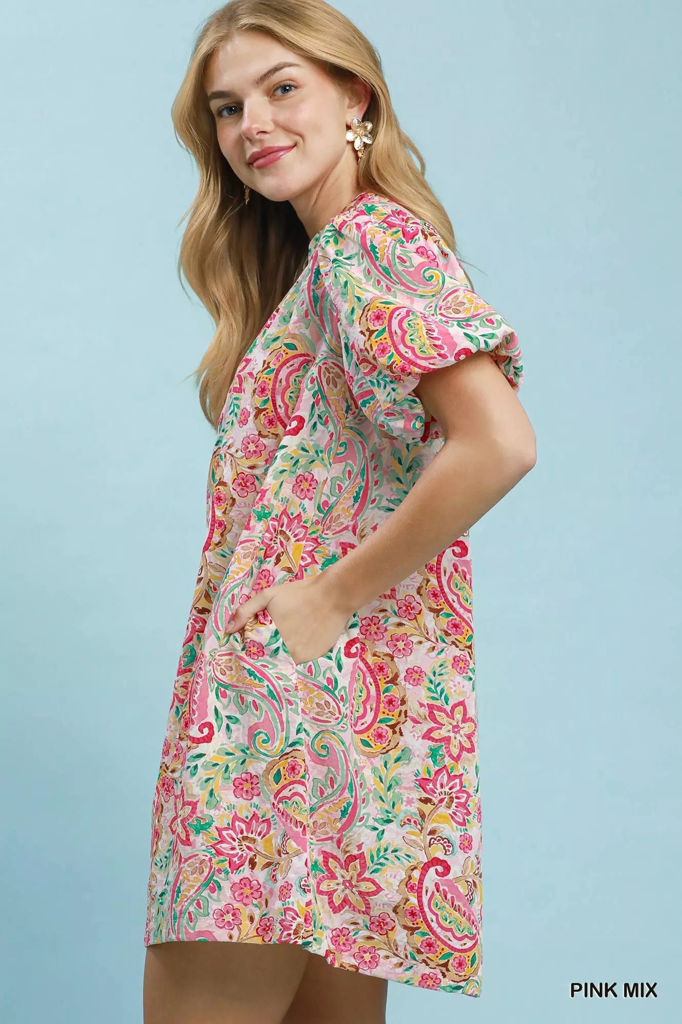 Umgee Paisley Floral Puff Sleeve Shift Dress