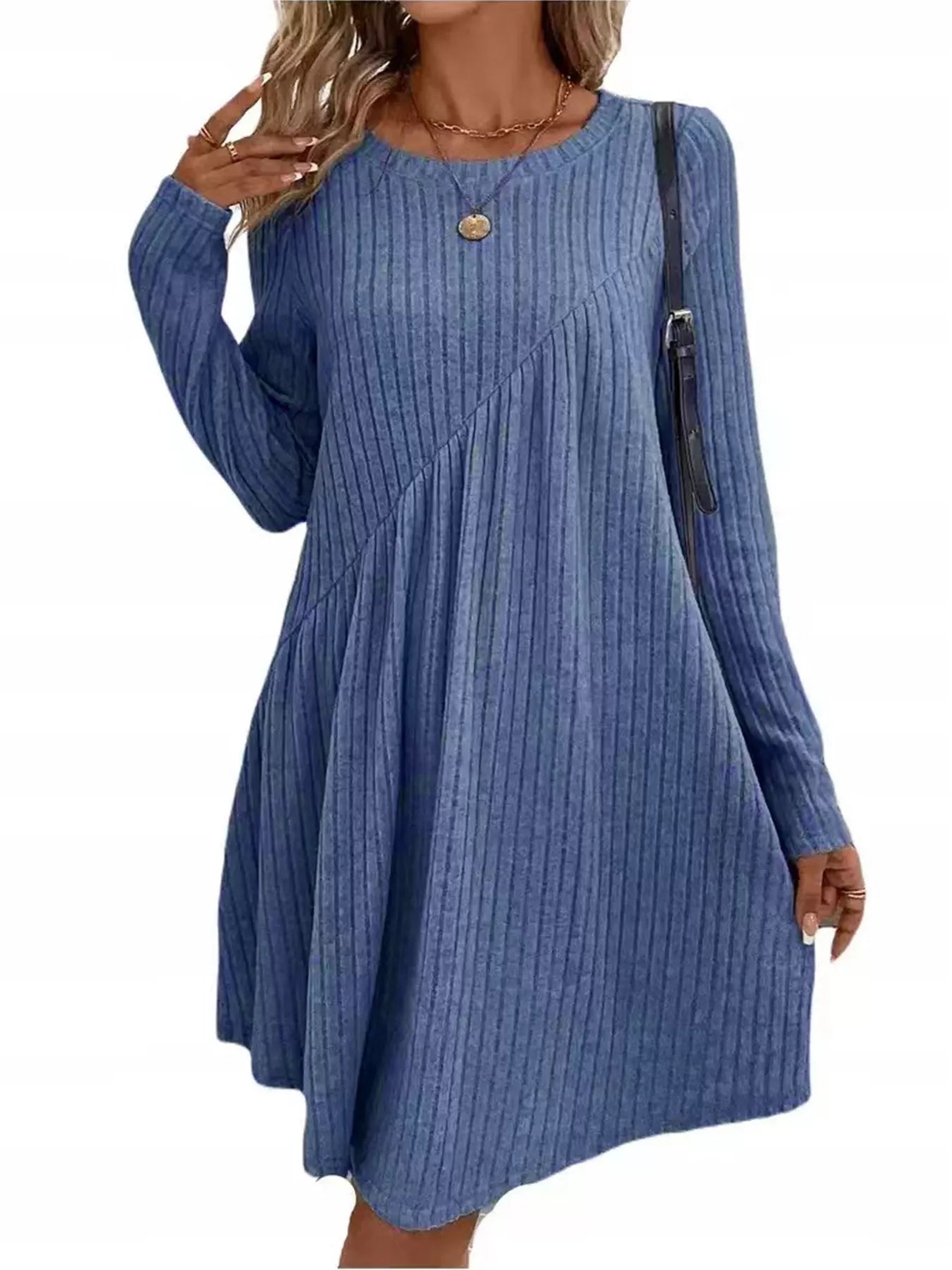 Casual Ribbed Knit Long Sleeve Swing Dress