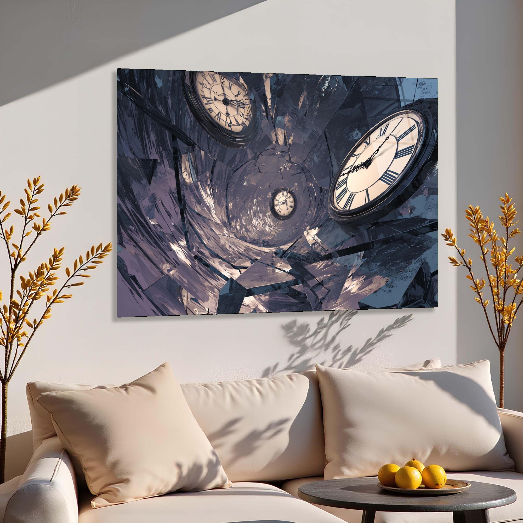 Surreal Clock Tempered Glass Wall Art | Time Vortex Tunnel Decor