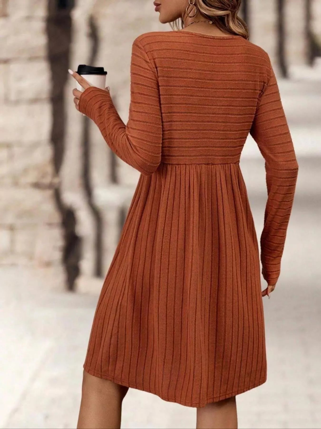 Ribbed Knit Long Sleeve A-Line Dress
