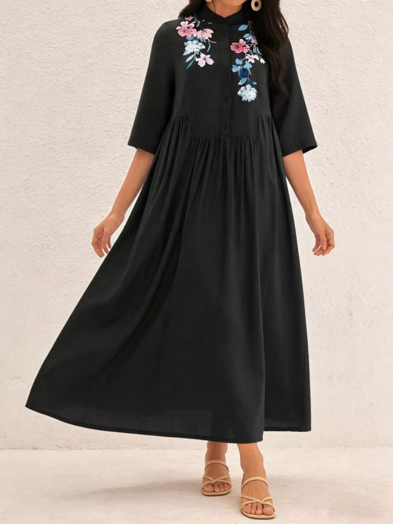 Floral Embroidered Casual Midi Dress