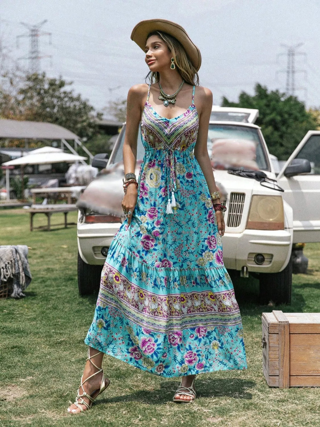 Tassel Floral Print Tiered Cami Dress