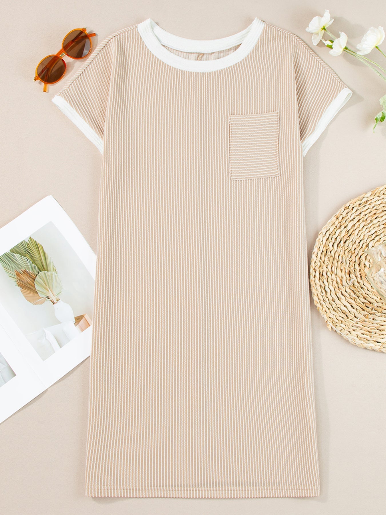 Twisted Ribbed Color Block Trim T Shirt Shift Dress