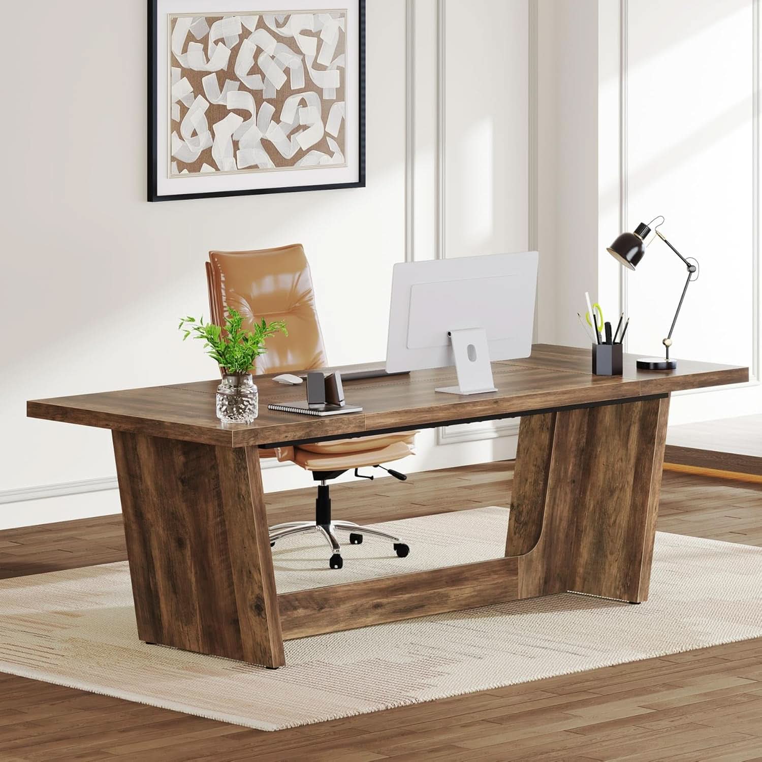 71 Inch Brown Executive Wood Computer Desk For Home Office