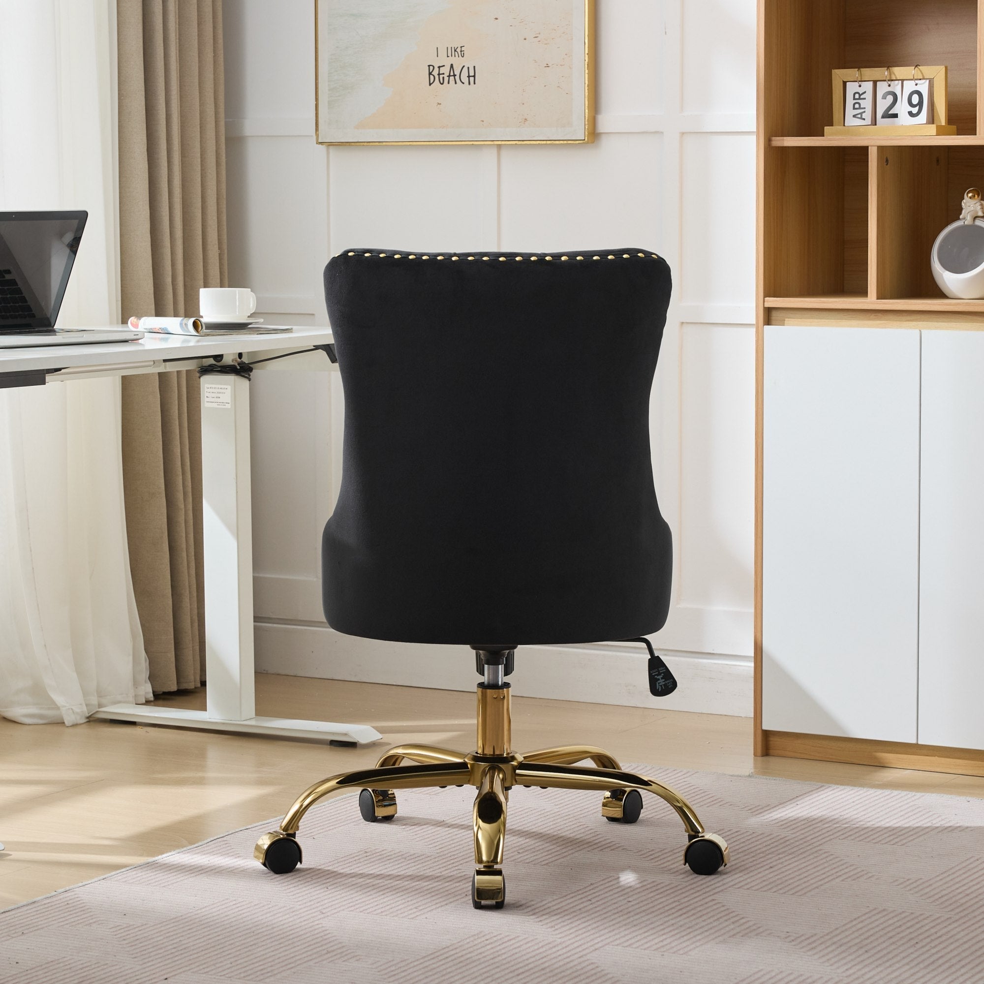 Swivel Office Chair Velvet Black Tufted Button Gold Metal Base 24.8x38.6 In