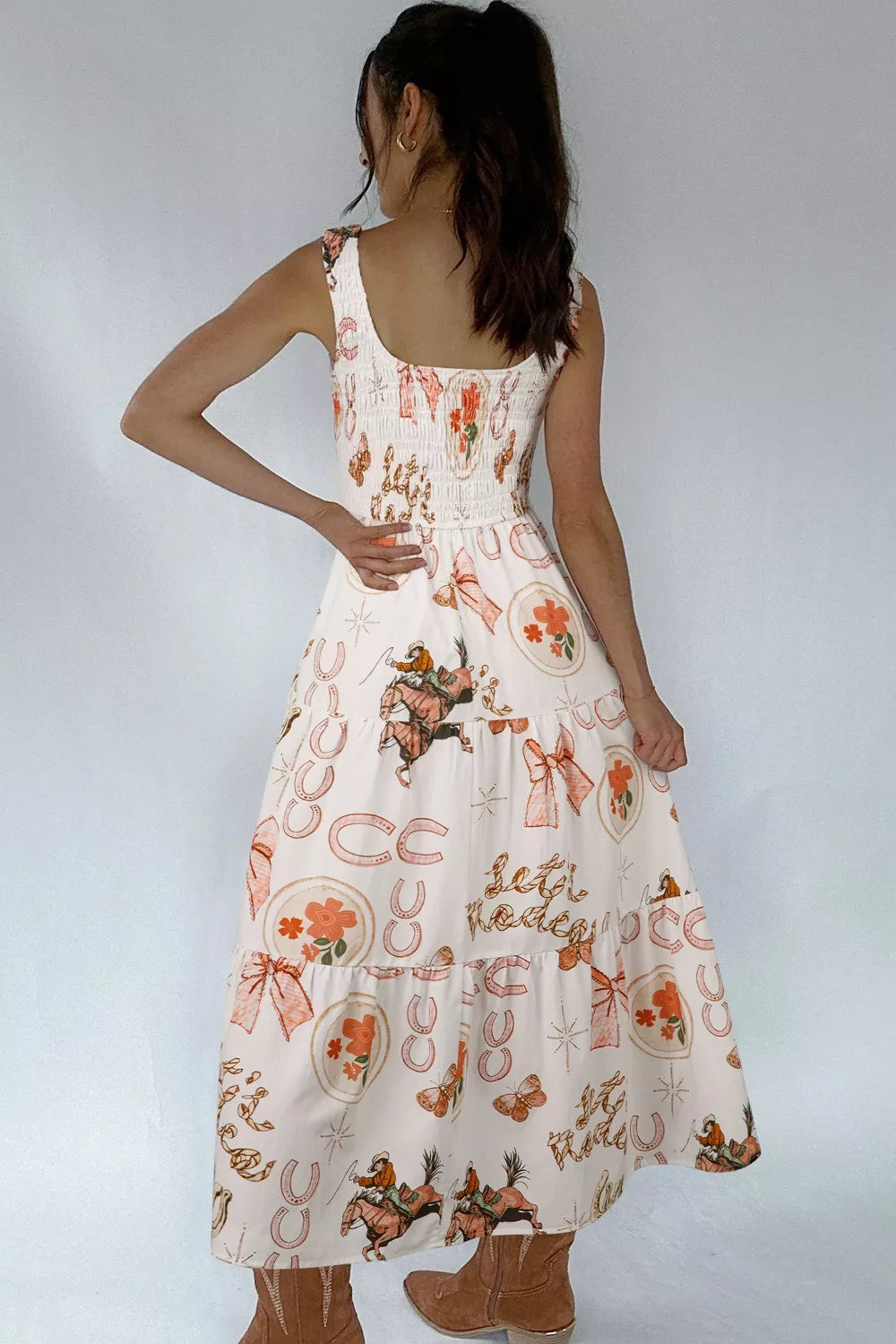 Western Horseshoe Print U-Neck Sleeveless Midi Dress