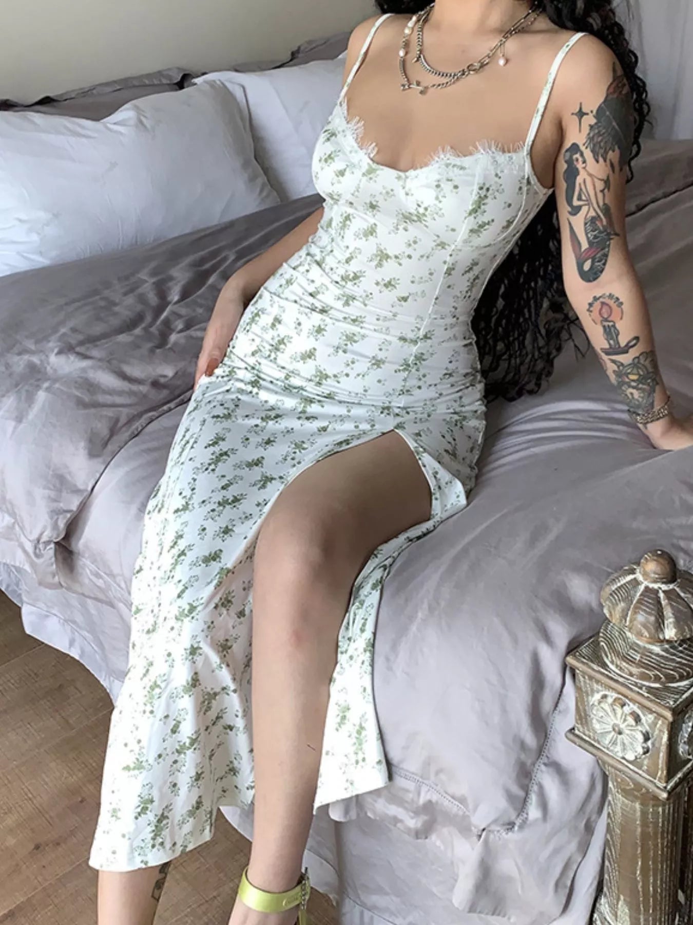 Floral Print Lace Trim Slit Midi Dress