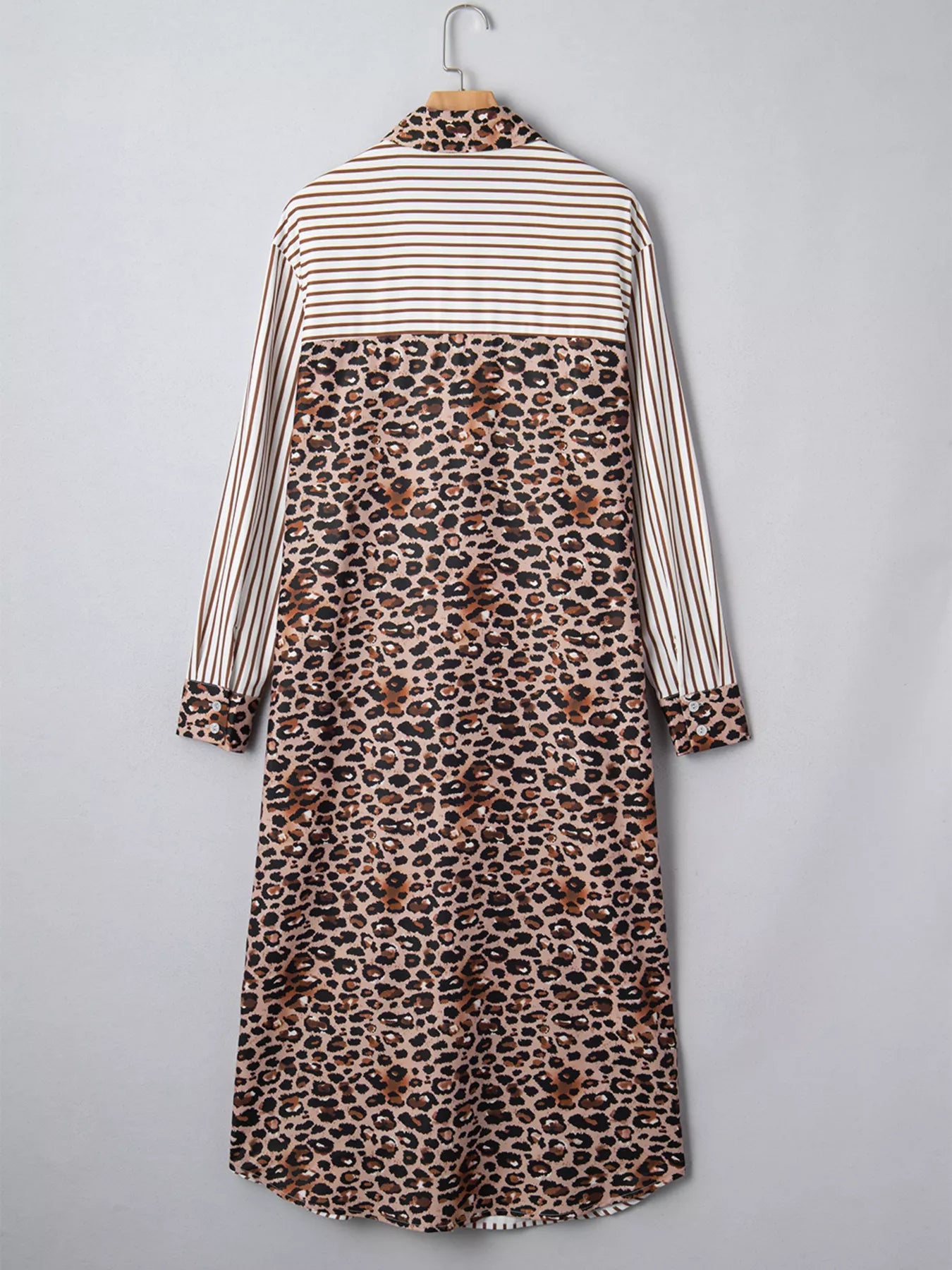 Striped Leopard Print Button Up Shirt Dress