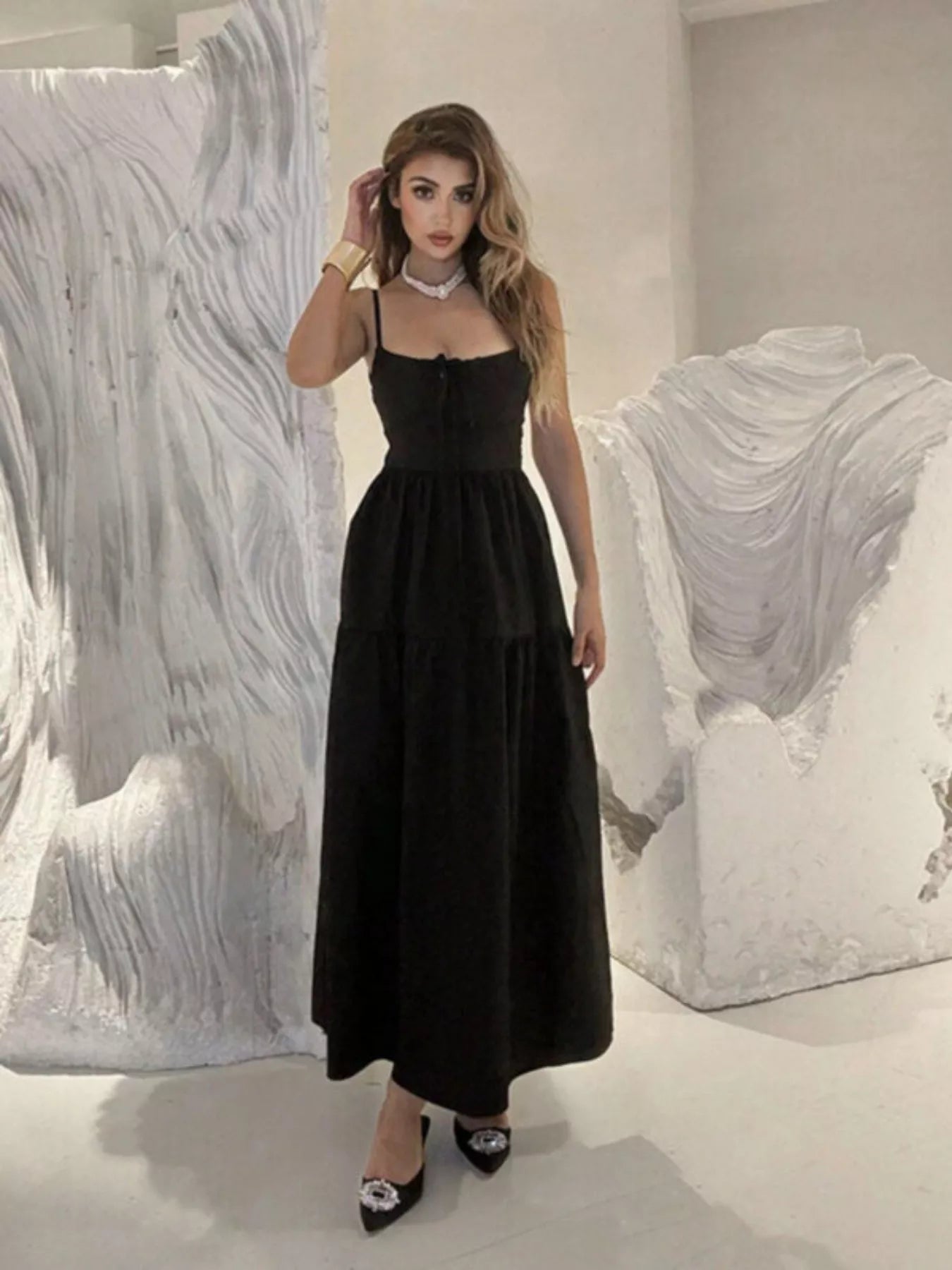 Backless Lace Up Spaghetti Strap Maxi Dress