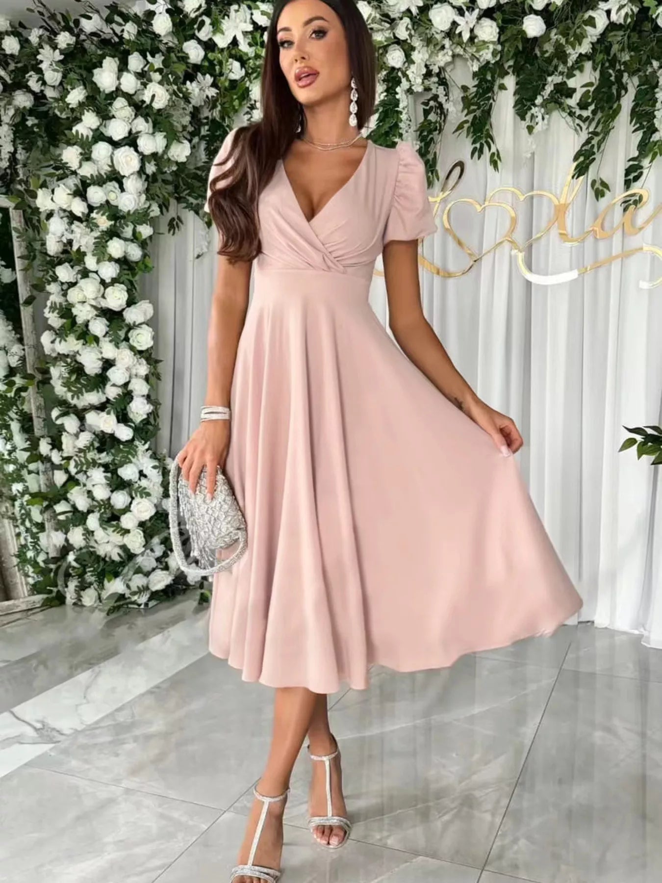 Surplice Short Sleeve Midi Dress
