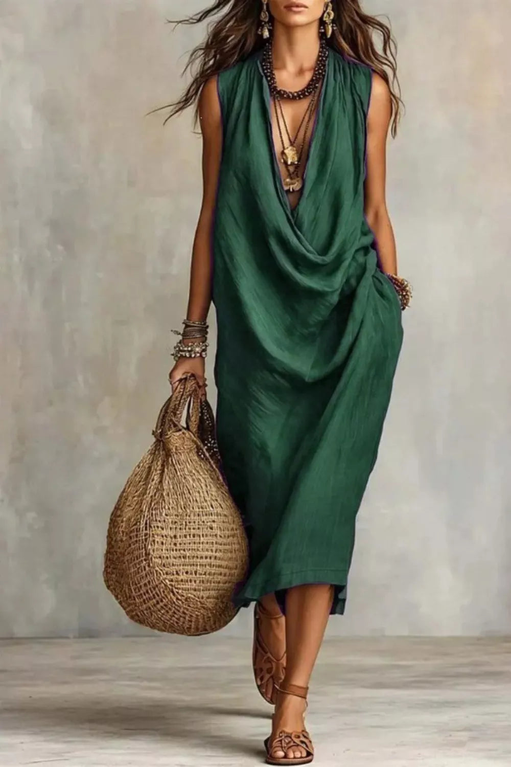 Sleeveless Drape Neck Midi Dress