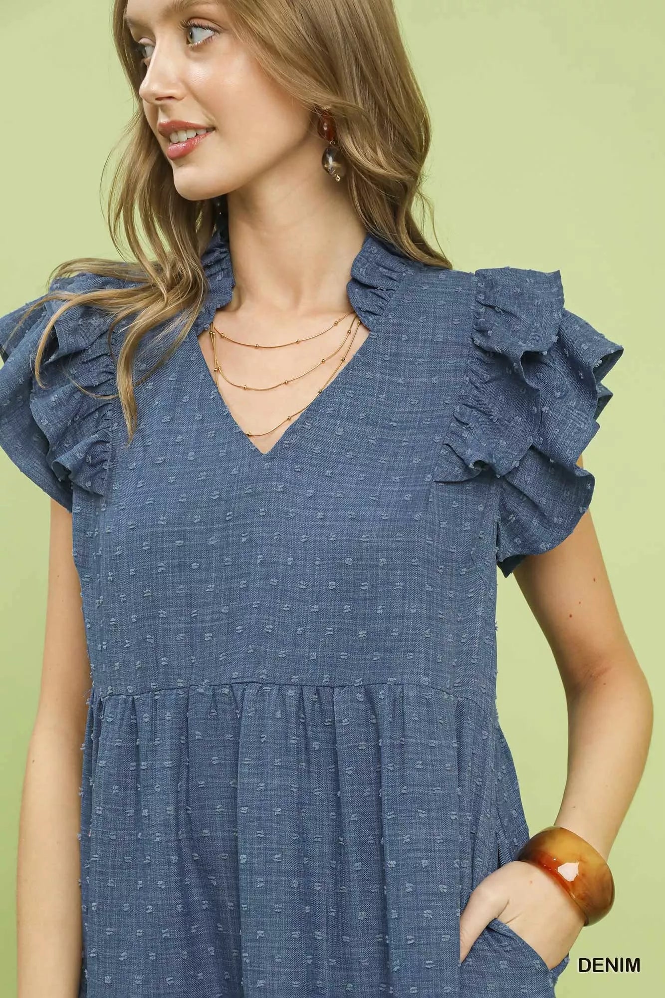 Umgee Textured Ruffle Sleeve Tiered Midi Dress