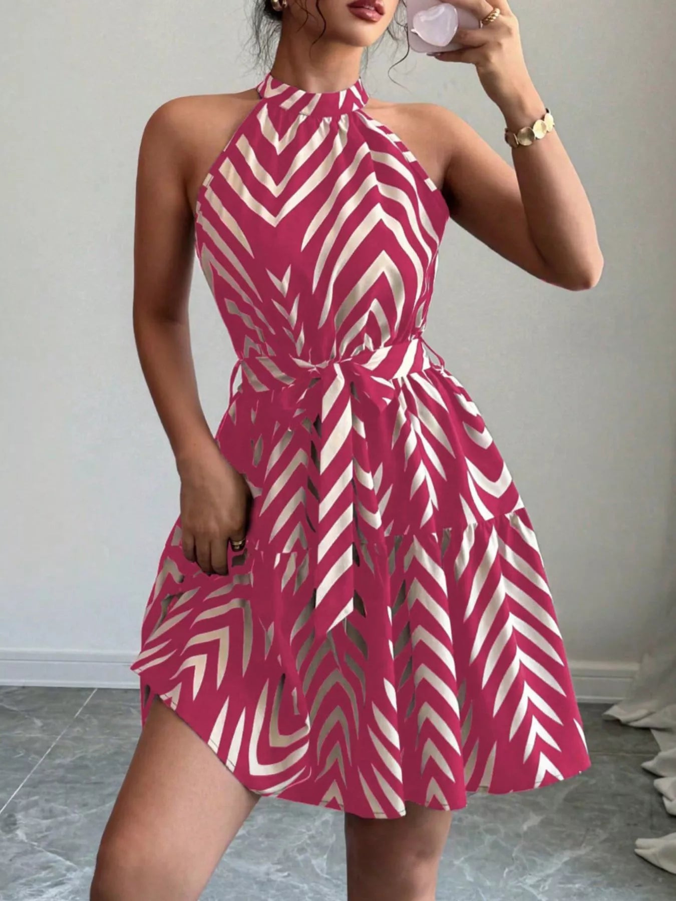 Zebra Print Halter Neck Tie Waist Ruffle Hem Dress