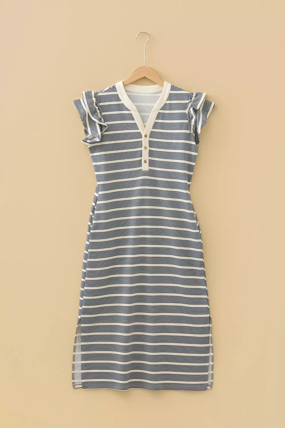 Stripe Ruffled Short Sleeve Contrast Trim Button Notched Neck Midi Dress