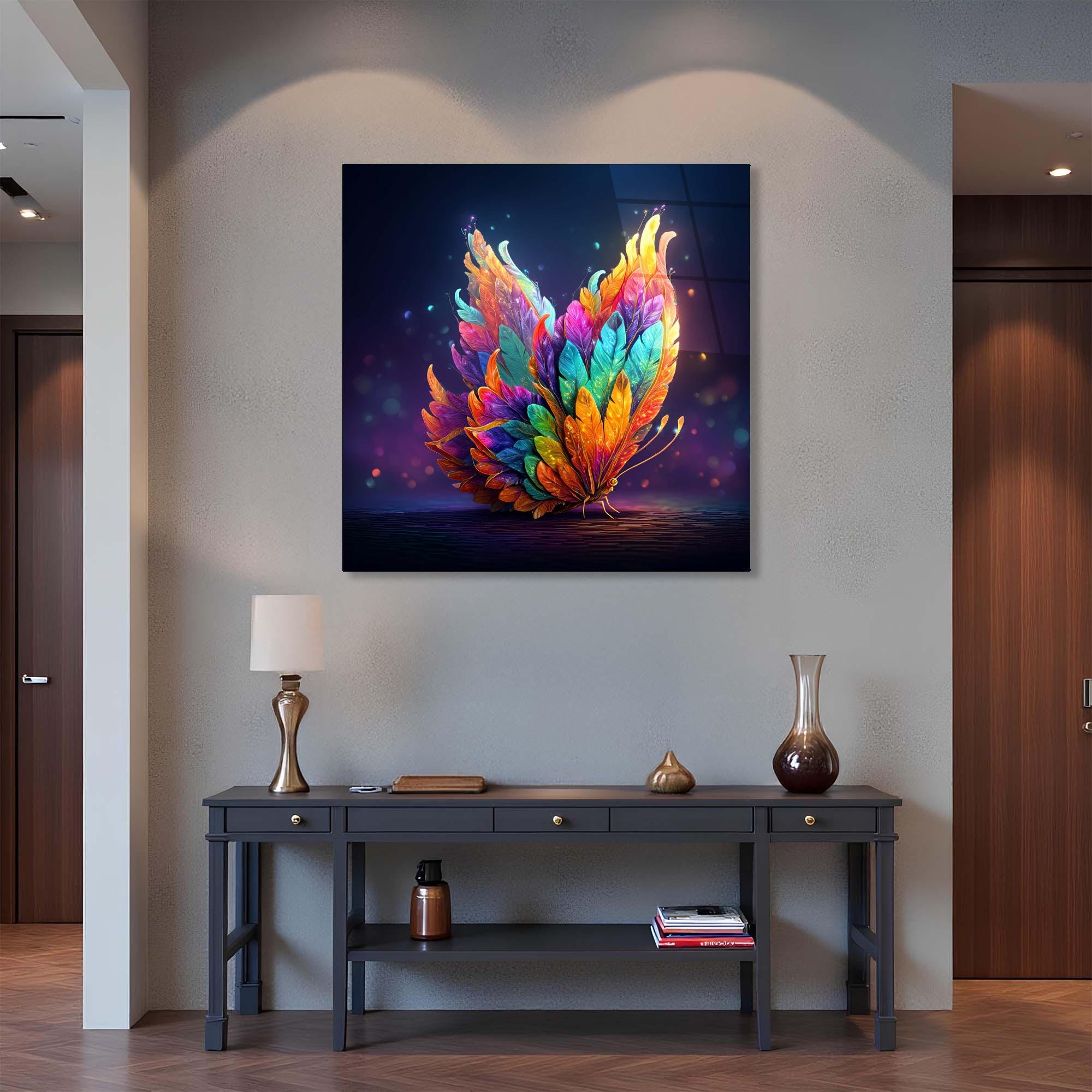 Feather Butterfly Tempered Glass Wall Art | Fantasy Office Decor