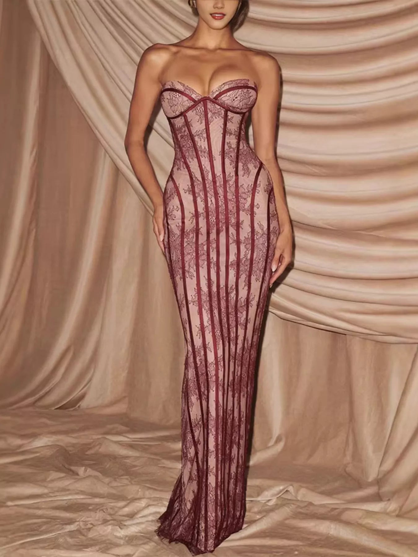 Lace Up Back Strapless Maxi Dress