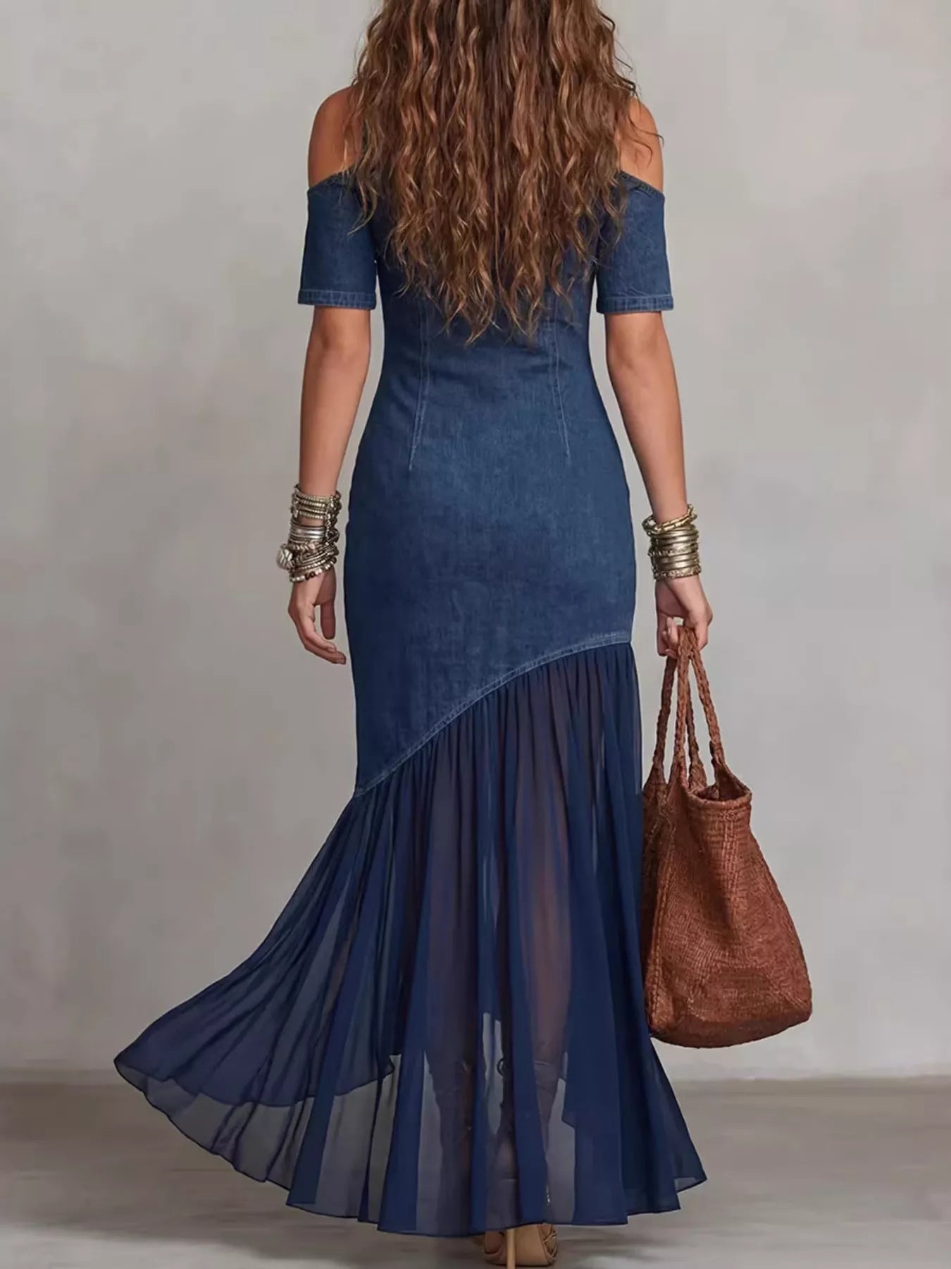 Mock Neck Cold Shoulder Ruffle Hem Maxi Dress