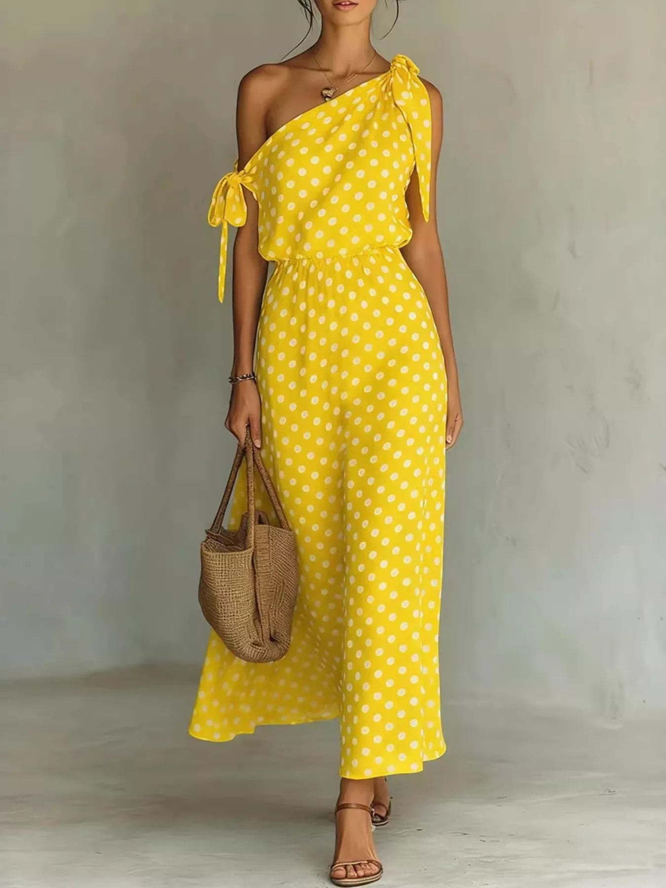 Full Size Polka Dot One-Shoulder Maxi Dress Plus Size